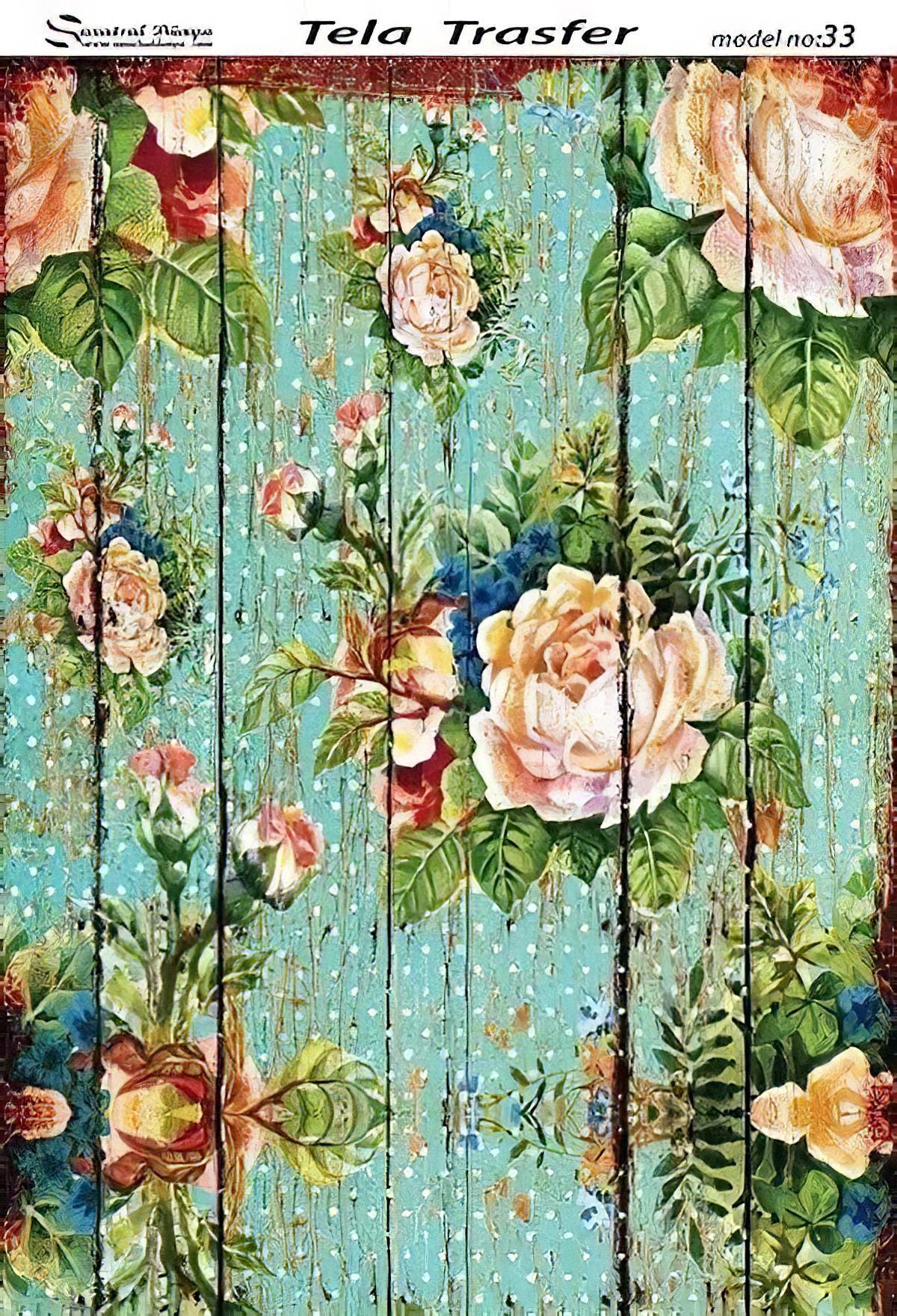Floral - Decorative Decoupage Paper - for Furniture - Big Size Options [ Green Blue Light Pink ]