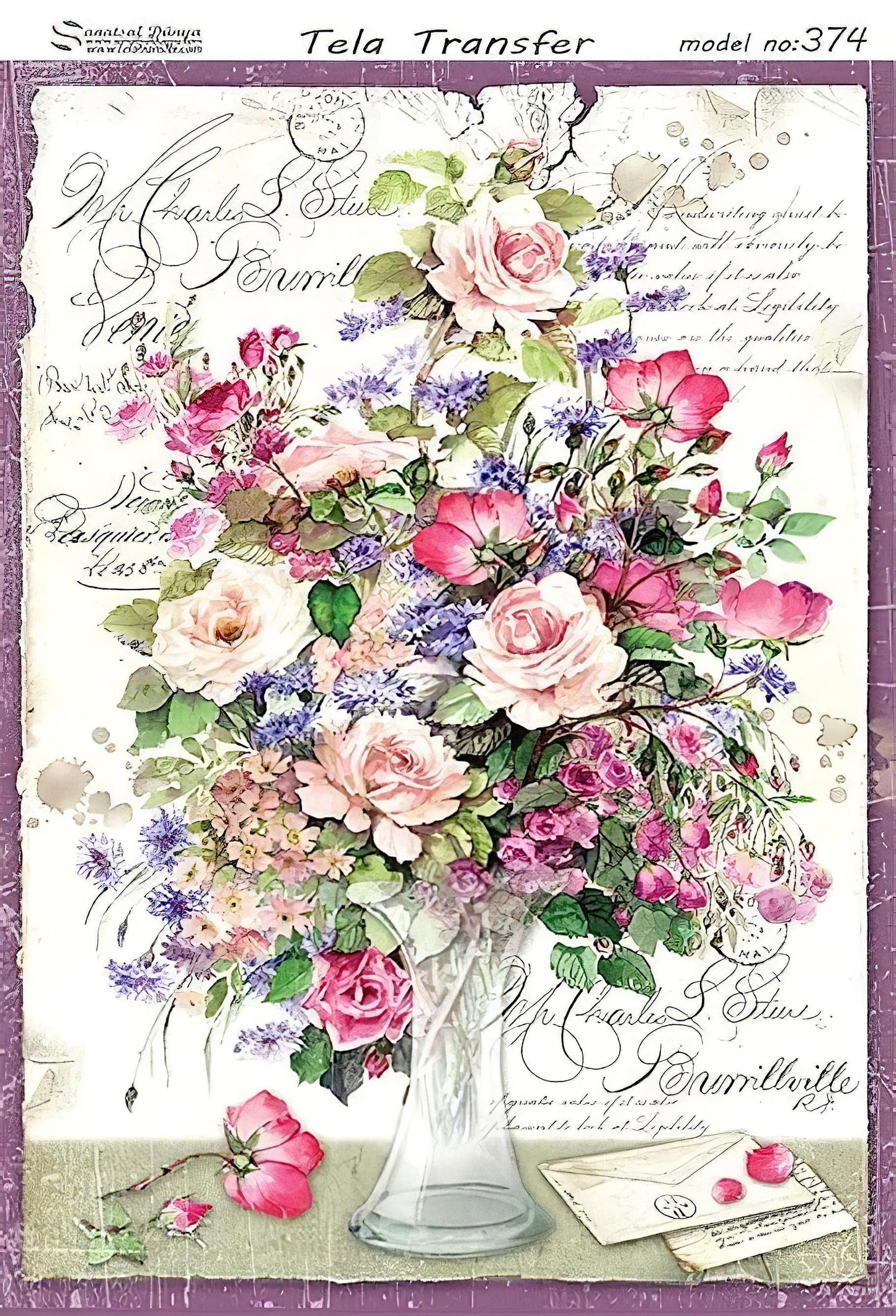 Floral Roses Bouquet - Decorative Decoupage Paper - for Furniture - Large Size Options [ Pink Purple White Green ]