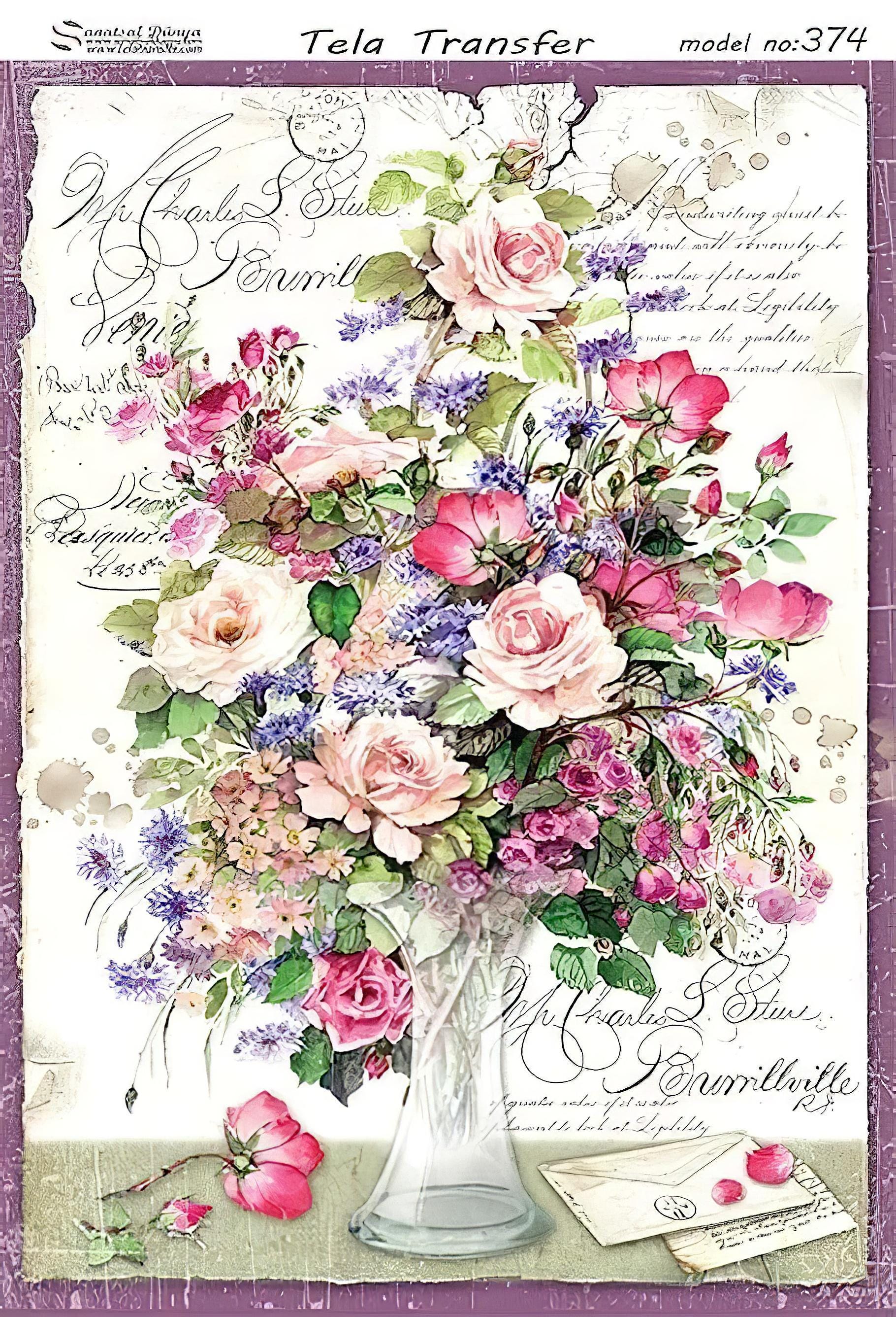 Floral Roses Bouquet - Decorative Decoupage Paper - for Furniture - Large Size Options [ Pink Purple White Green ]