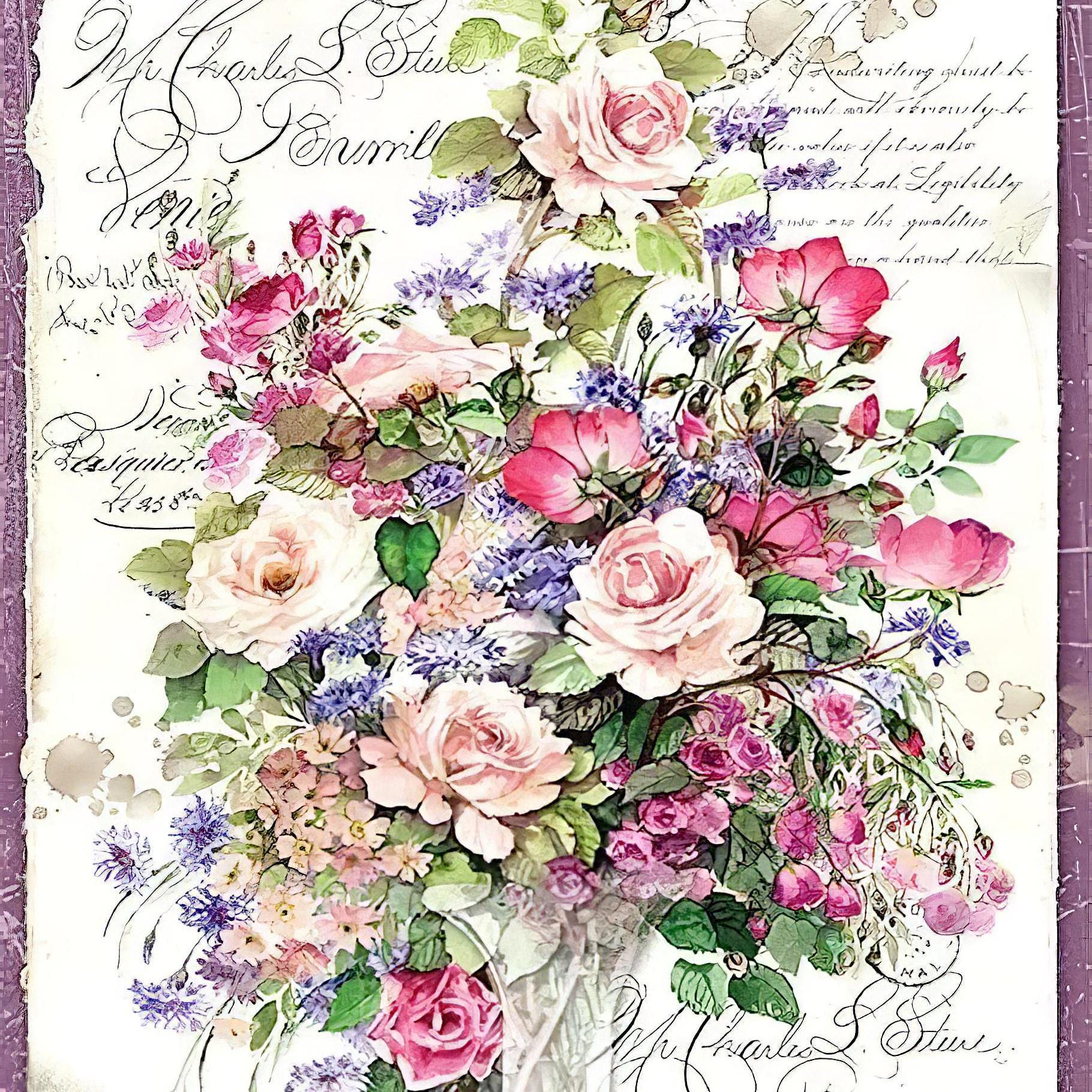 Floral Roses Bouquet - Decorative Decoupage Paper - for Furniture - Large Size Options [ Pink Purple White Green ]
