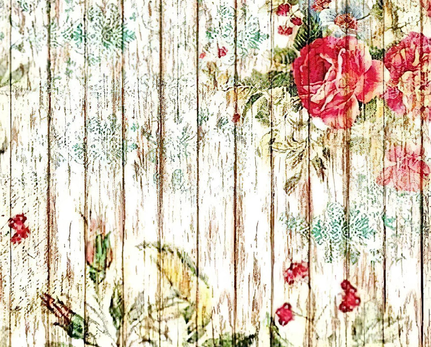 Wooden Pattern - Red Roses - Decorative Decoupage Paper - for Furniture - Large Size Options [ White Red Green ]