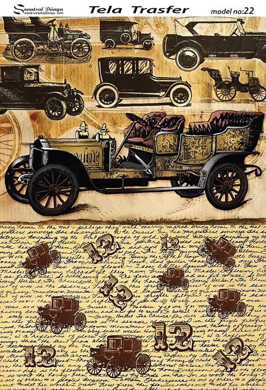 Vintage Cars - Decorative Decoupage Paper - for Furniture - Big Size Options [ Yellow Brown Black ]