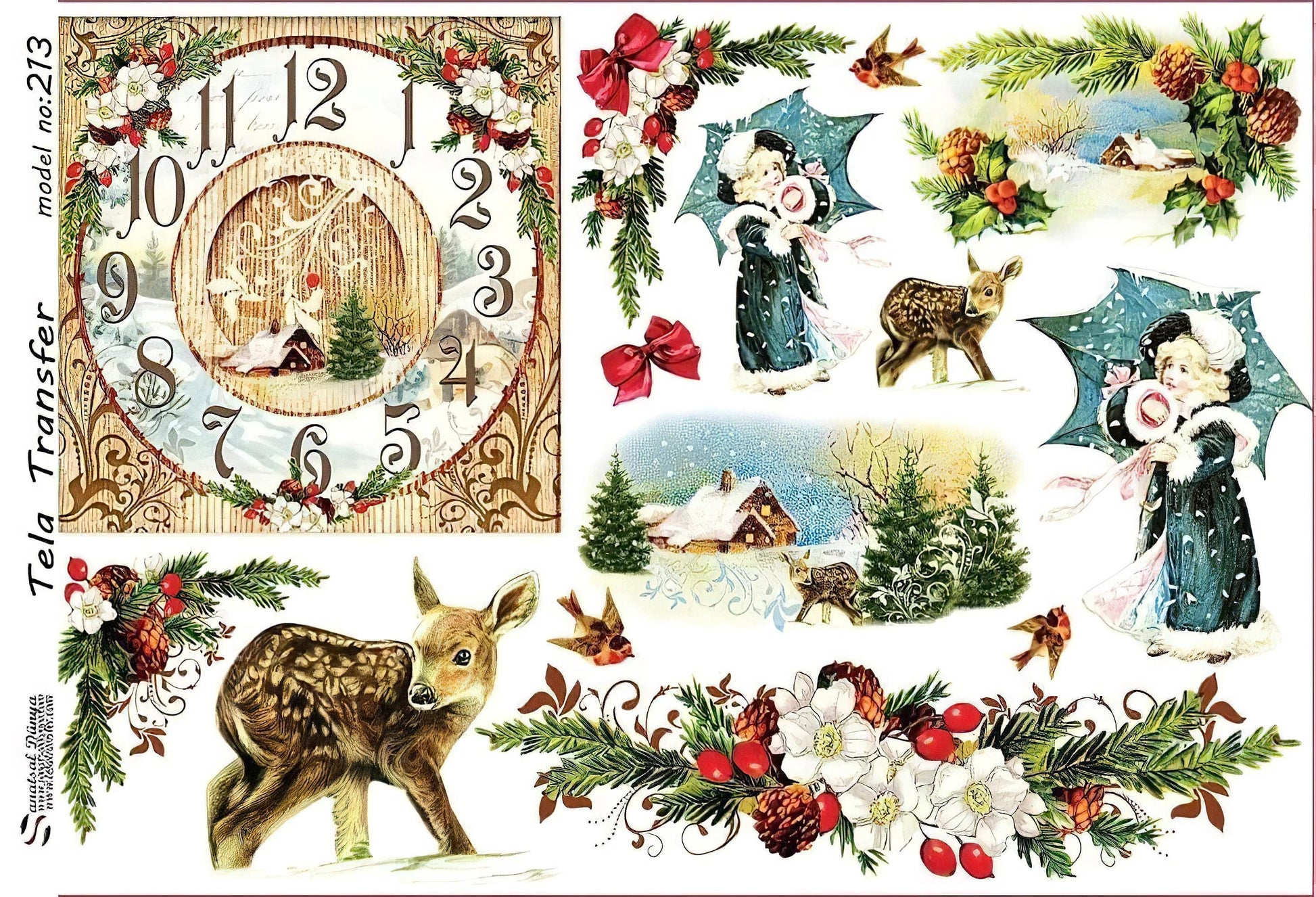 Christmas Decoration Collage - Decorative Decoupage Paper - for Furniture - Large Size Options [ White Red Green ]