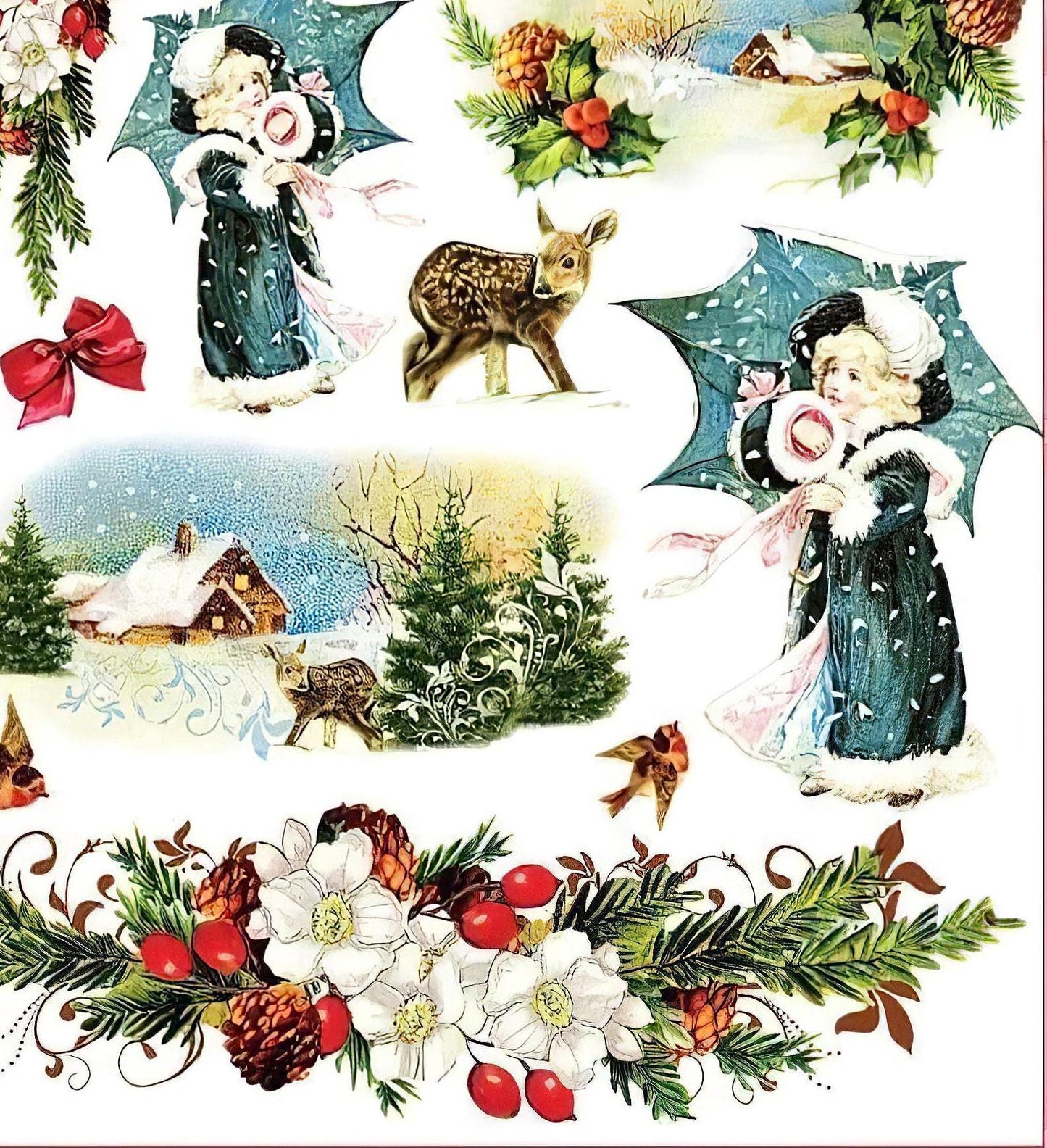 Christmas Decoration Collage - Decorative Decoupage Paper - for Furniture - Large Size Options [ White Red Green ]