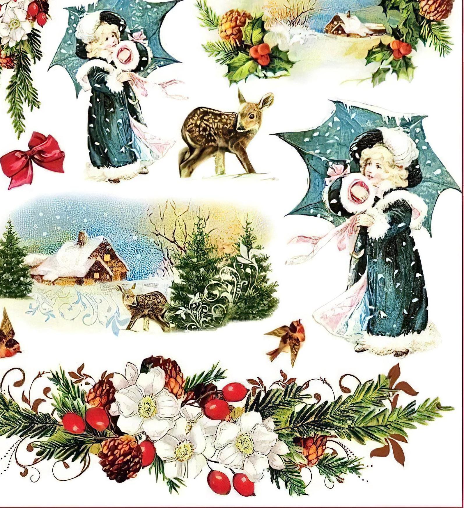 Christmas Decoration Collage - Decorative Decoupage Paper - for Furniture - Large Size Options [ White Red Green ]