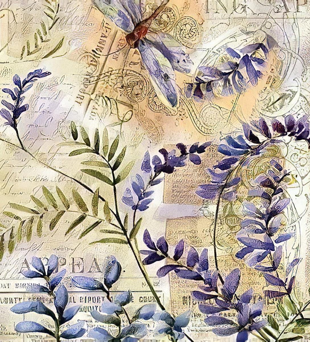 Floral - Dragonfly - Decorative Decoupage Paper - for Furniture - Big Size Options [ Purple Green Yellow ]