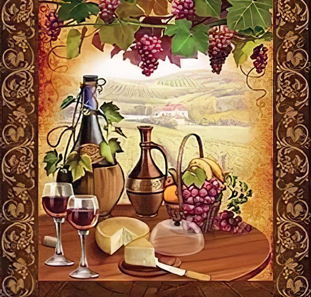Champagne and Cheese - Decorative Decoupage Paper - for Furniture - Large Size Options [ Brown Yellow Bordeaux ]