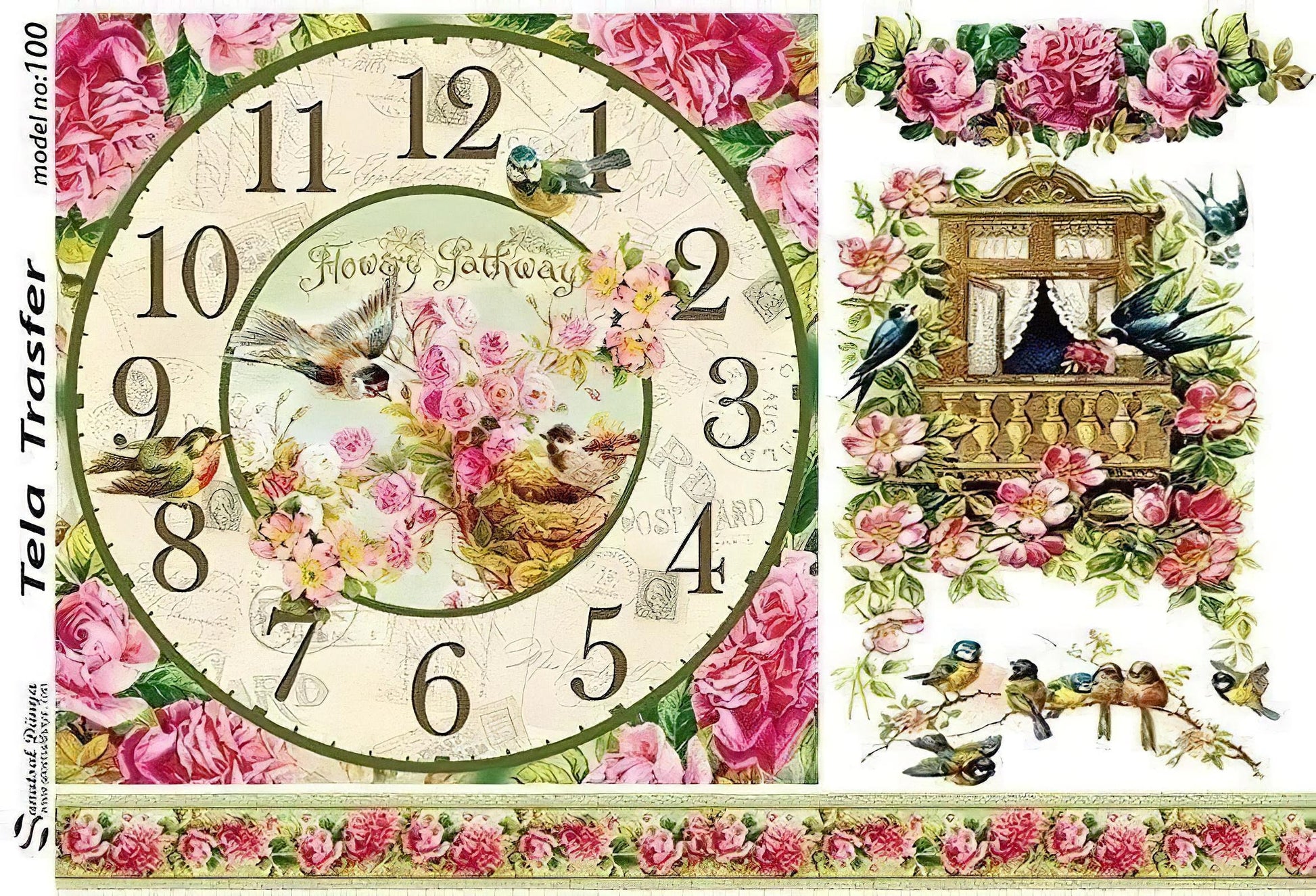 Floral Bird Clock - Decorative Decoupage Paper - for Furniture - Big Size Options [ Pink Green ]