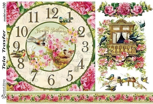 Floral Bird Clock - Decorative Decoupage Paper - for Furniture - Big Size Options [ Pink Green ]
