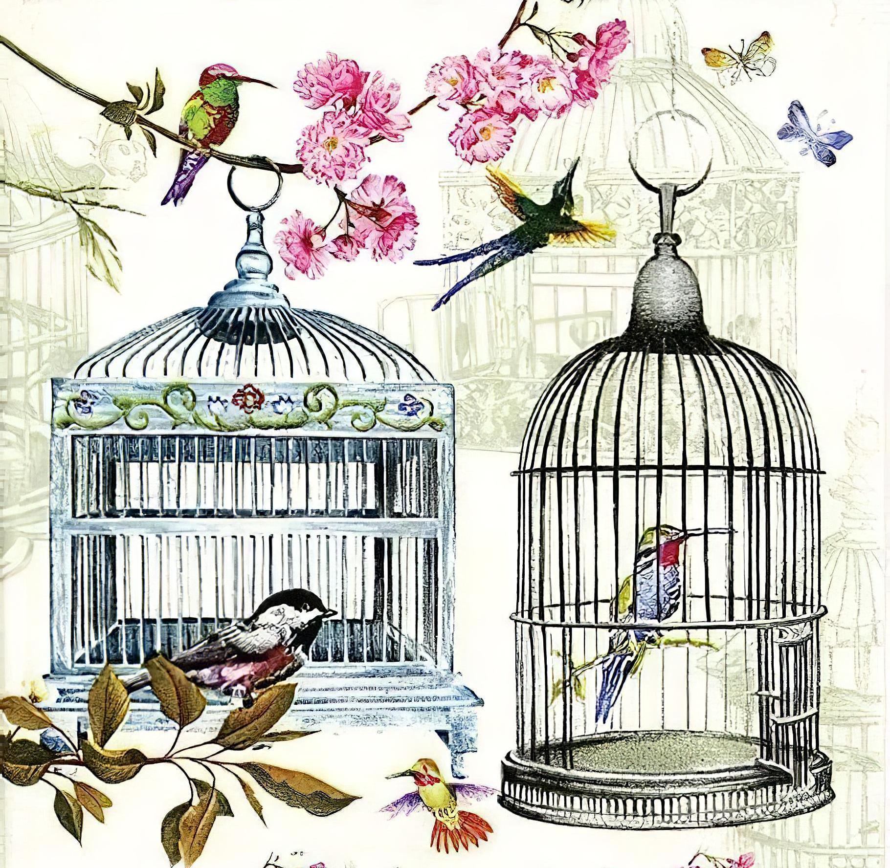 Bird Cage and Flowers - Decorative Decoupage Paper - for Furniture - Large Size Options [ Blue Pink Green ]