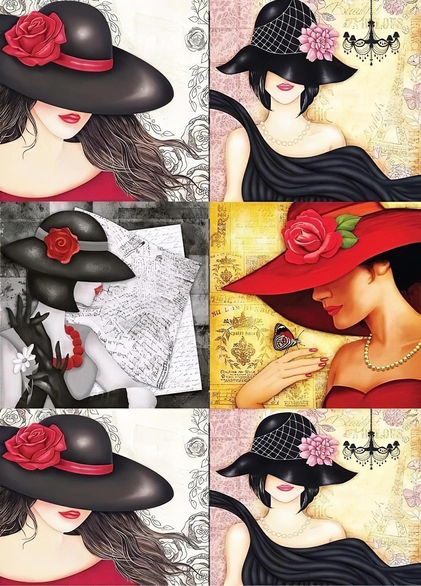 Women with Hat - Decorative Decoupage Paper - for Furniture - Big Size Options [ Red Black Yellow ]