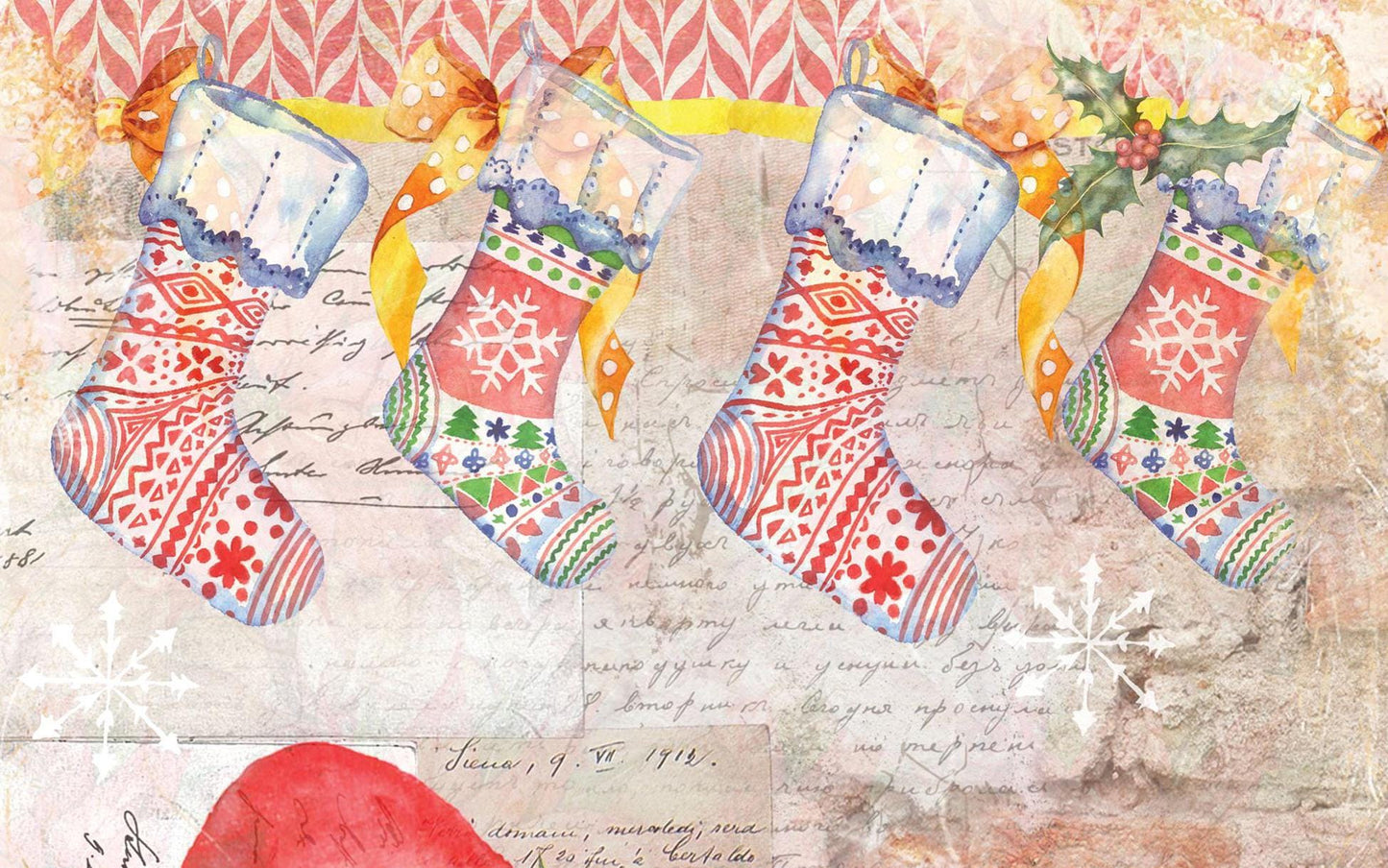 Christmas Collection - Large Decoupage Paper - Red Holly Berries - 6 Size Options - Christmas Stocking