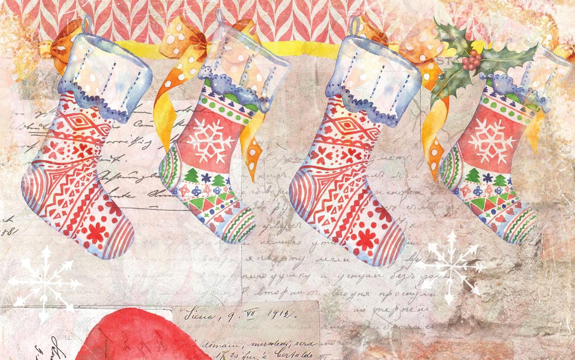 Christmas Collection - Large Decoupage Paper - Red Holly Berries - 6 Size Options - Christmas Stocking