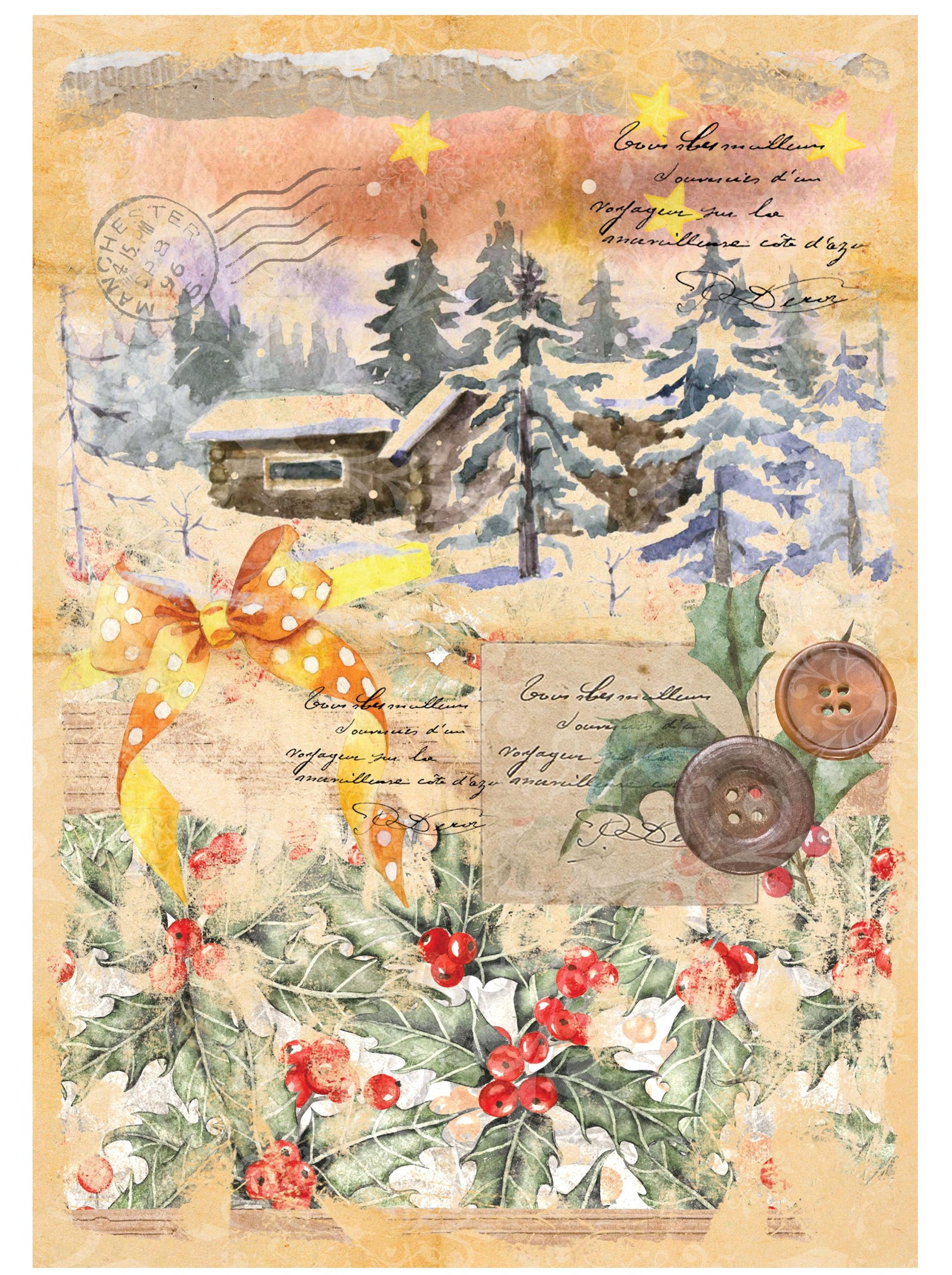 Christmas Collection - Large Decoupage Paper - Red Holly Berries - 6 Size Options - Winter House