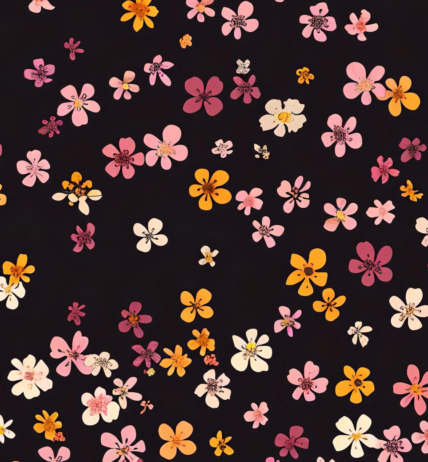 Floral Decoupage Paper - Repeating Pattern - 6 Size Options - Black - Little Daisy