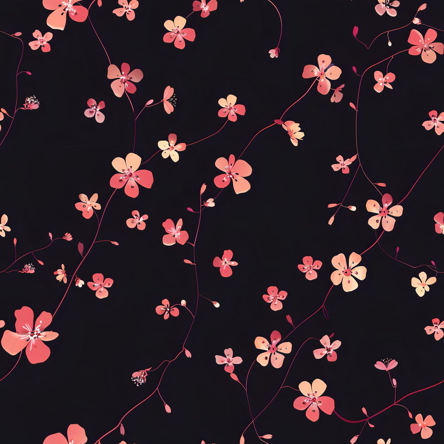 Floral Decoupage Paper - Repeating Pattern - 6 Size Options - Black & Pink Flowers