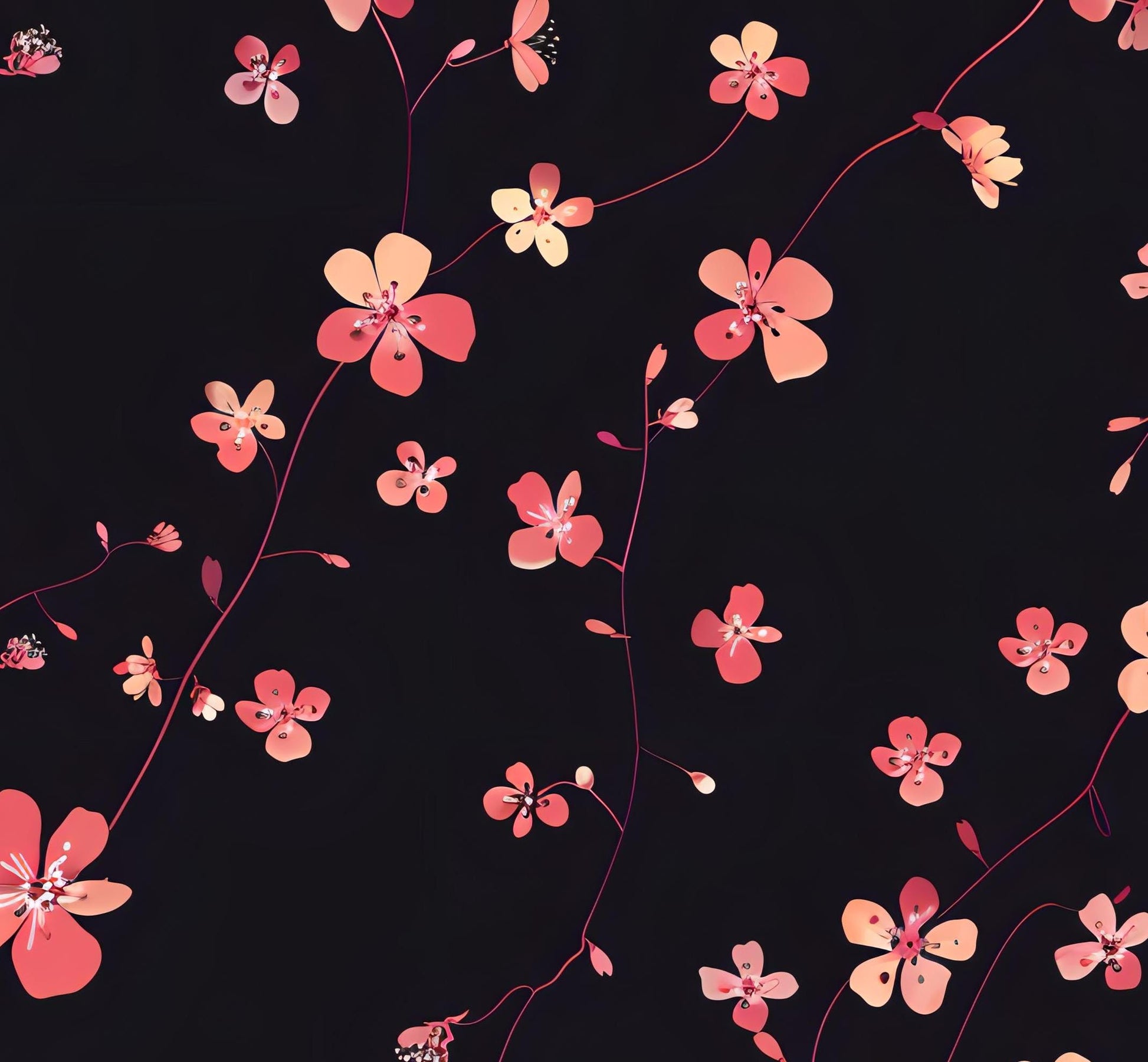 Floral Decoupage Paper - Repeating Pattern - 6 Size Options - Black & Pink Flowers