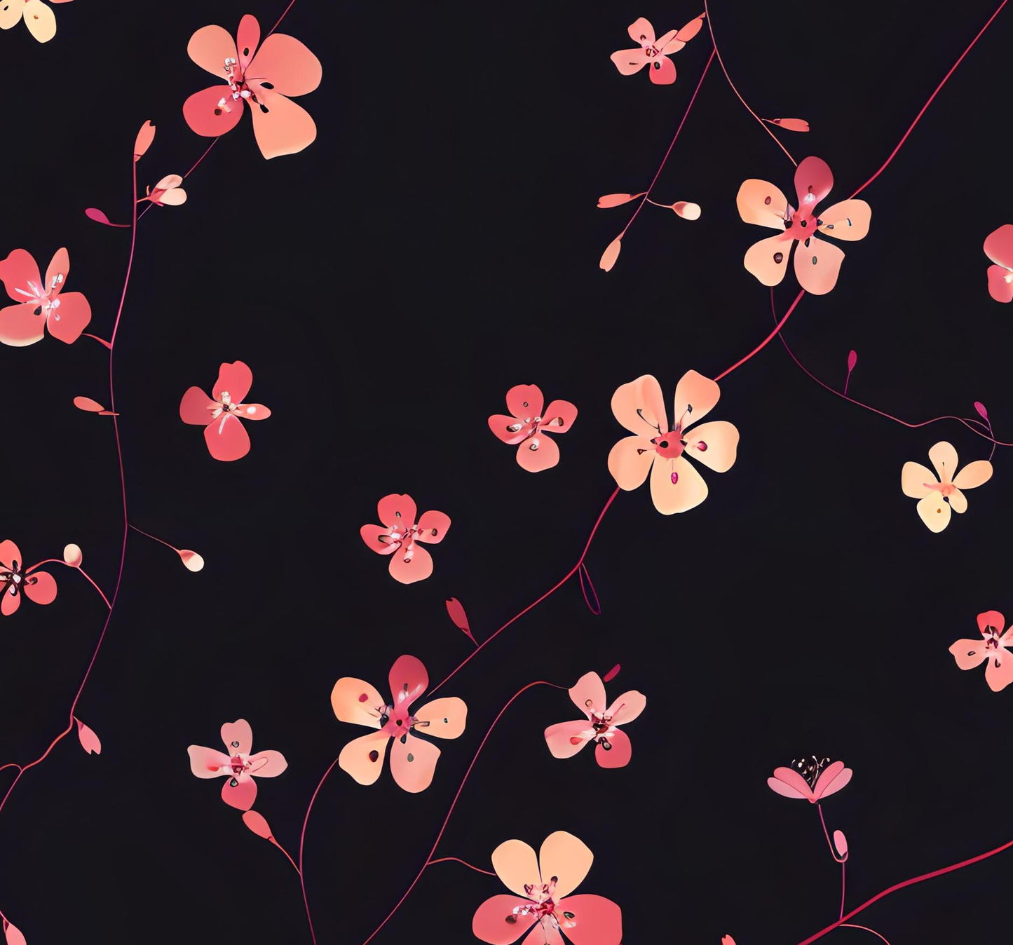 Floral Decoupage Paper - Repeating Pattern - 6 Size Options - Black & Pink Flowers