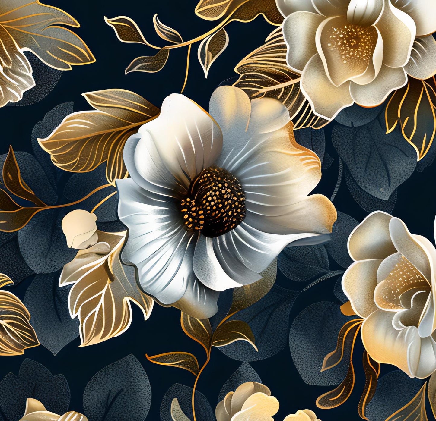 Floral Decoupage Paper - Repeating Pattern - 6 Size Options - Goldish White Black