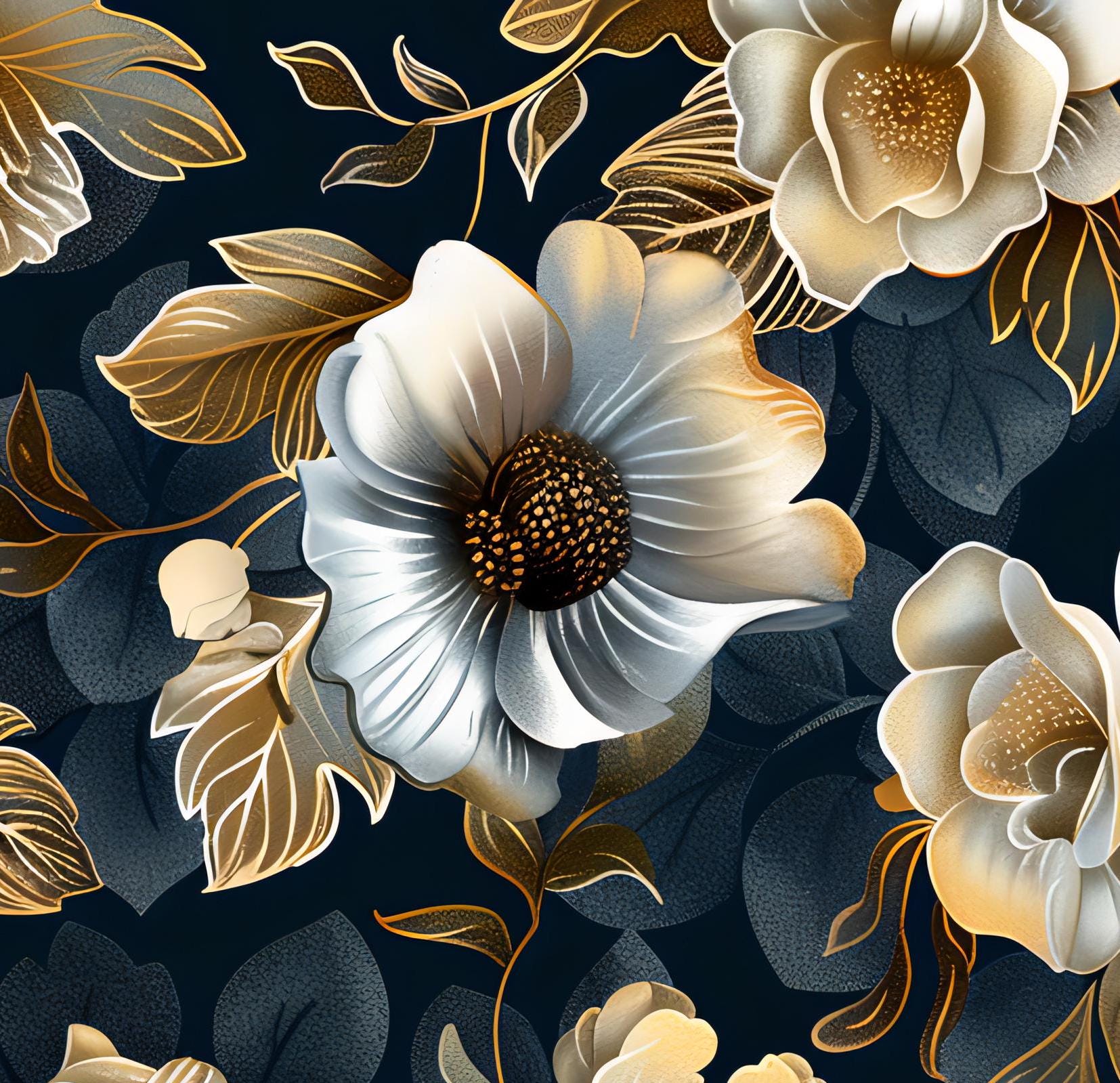 Floral Decoupage Paper - Repeating Pattern - 6 Size Options - Goldish White Black