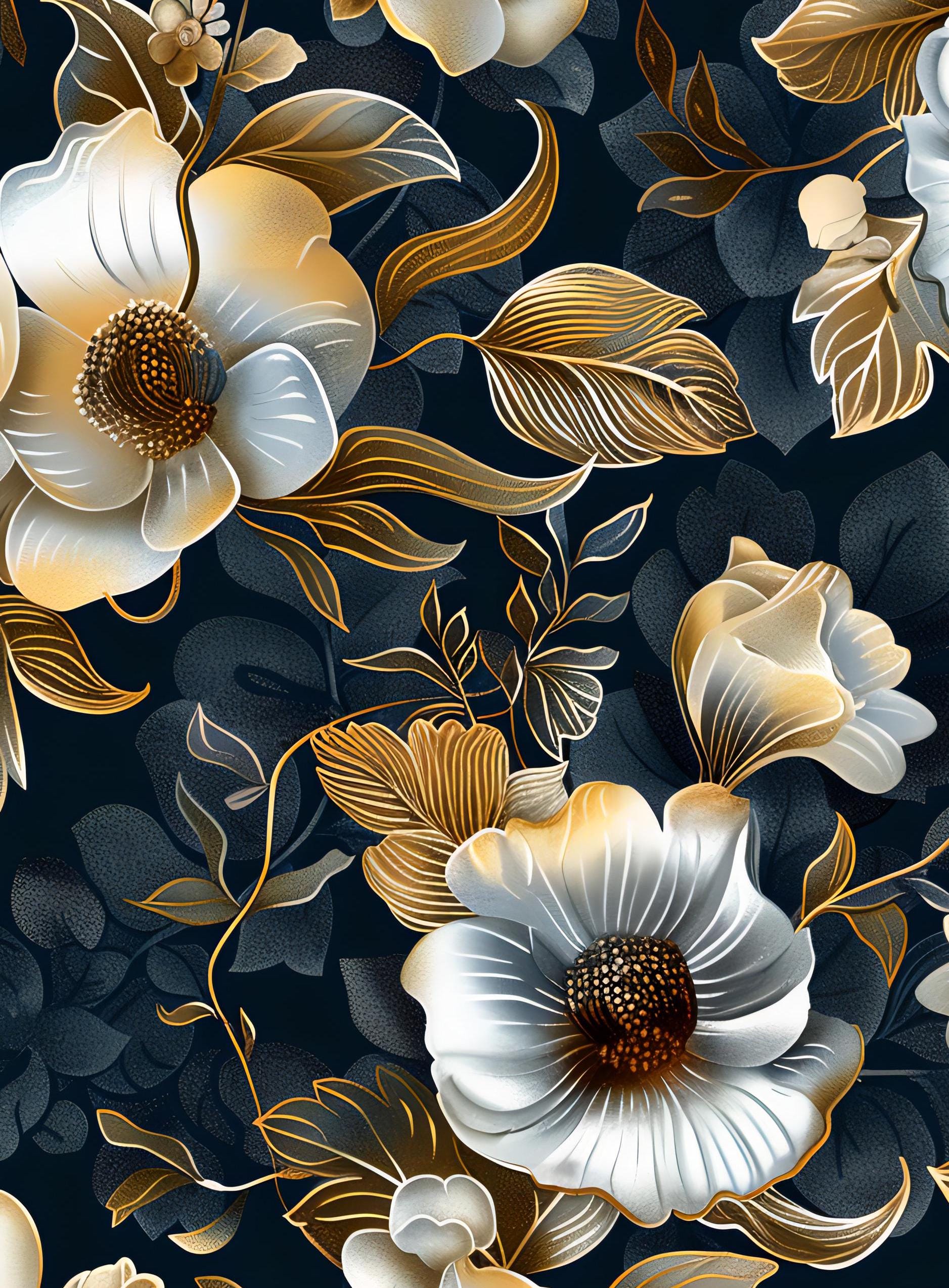 Floral Decoupage Paper - Repeating Pattern - 6 Size Options - Goldish White Black