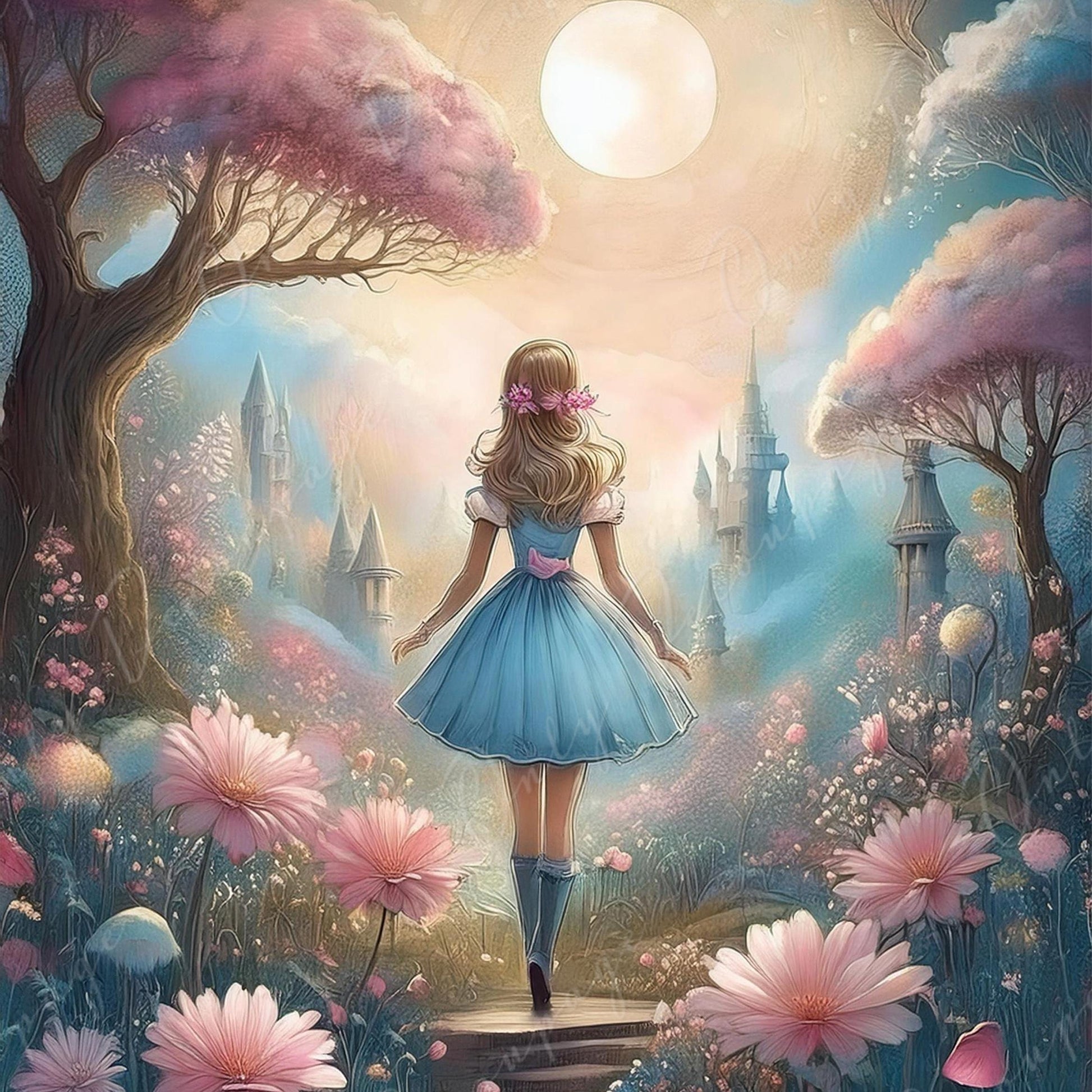 Fairytale Alice - Large Decoupage Paper - 6 Size Options - Pink Flowers - Castle