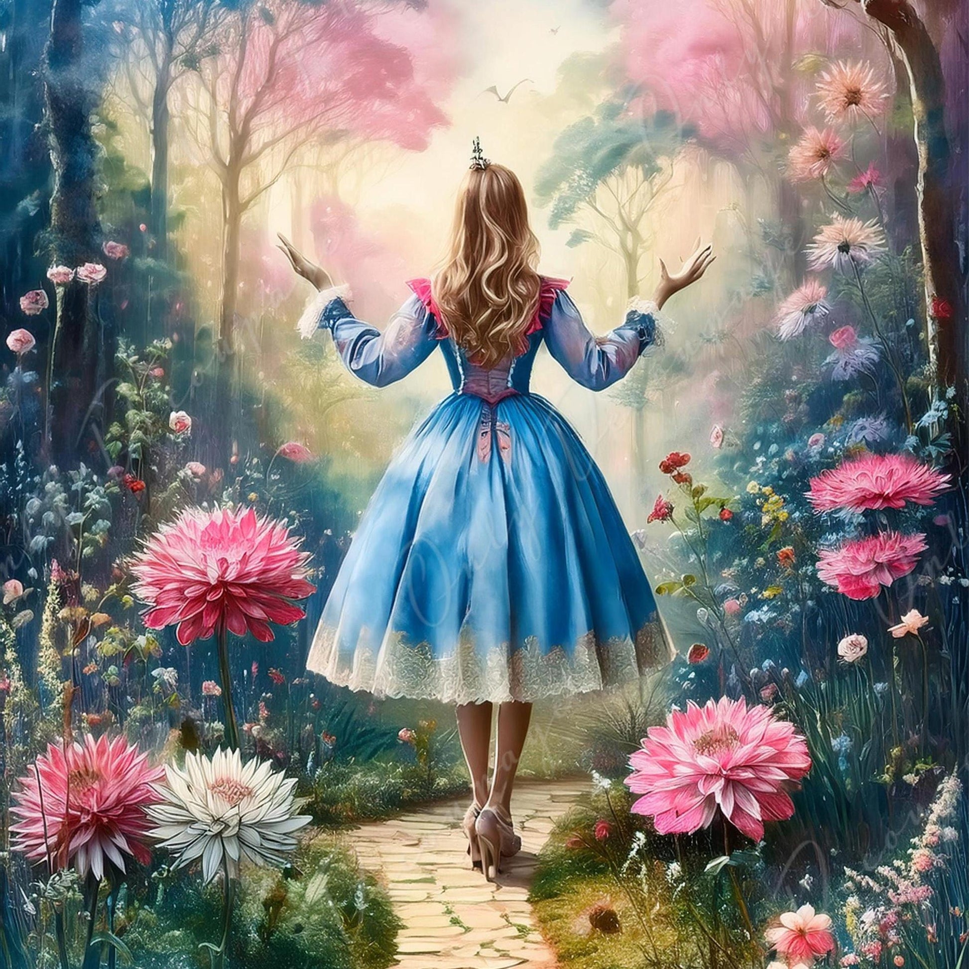 Fairytale Alice - Large Decoupage Paper - 6 Size Options - Pink Flowers - Blue Dress