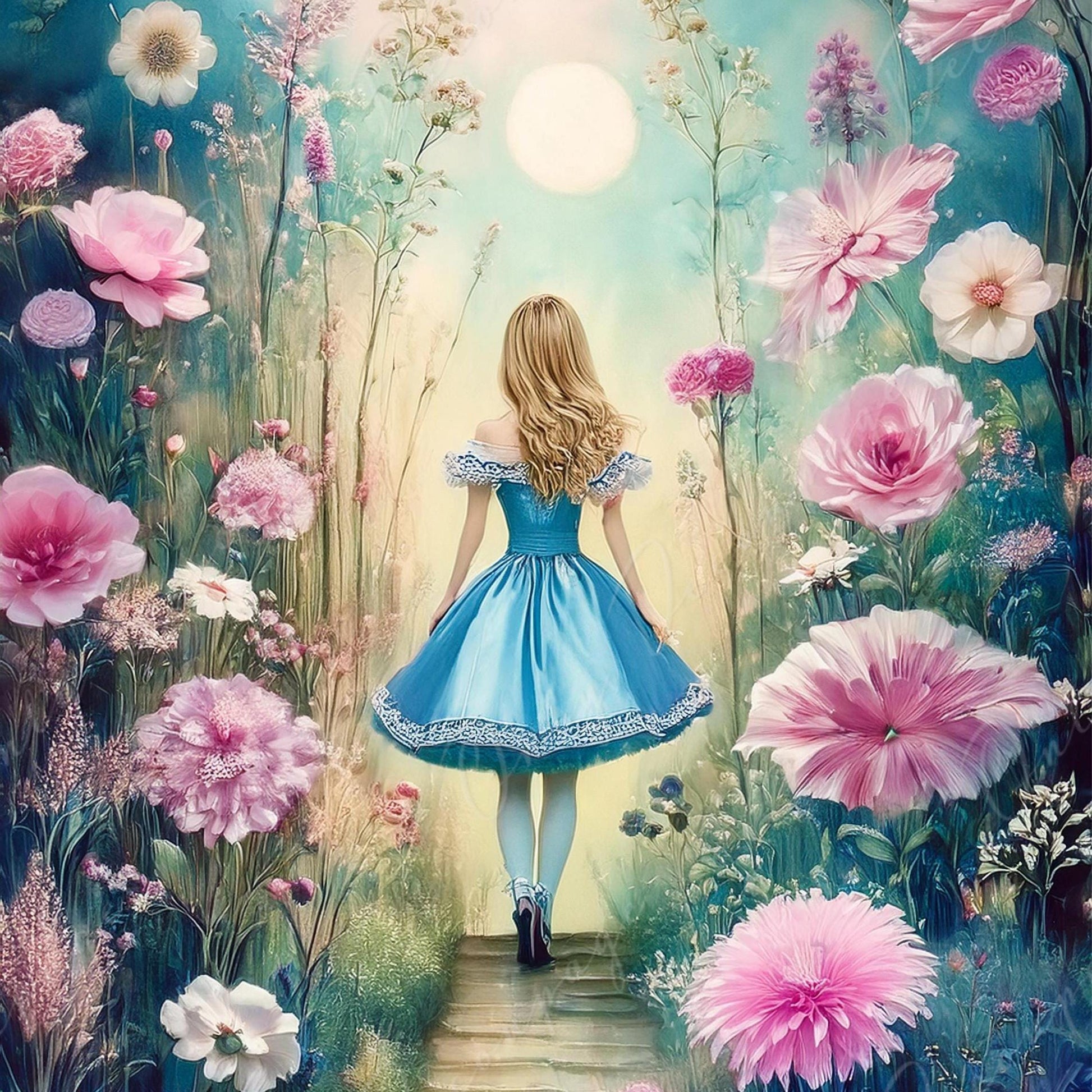 Fairytale Alice - Large Size Decoupage Paper - 6 Size Options - Pink Flowers - Blue Dress