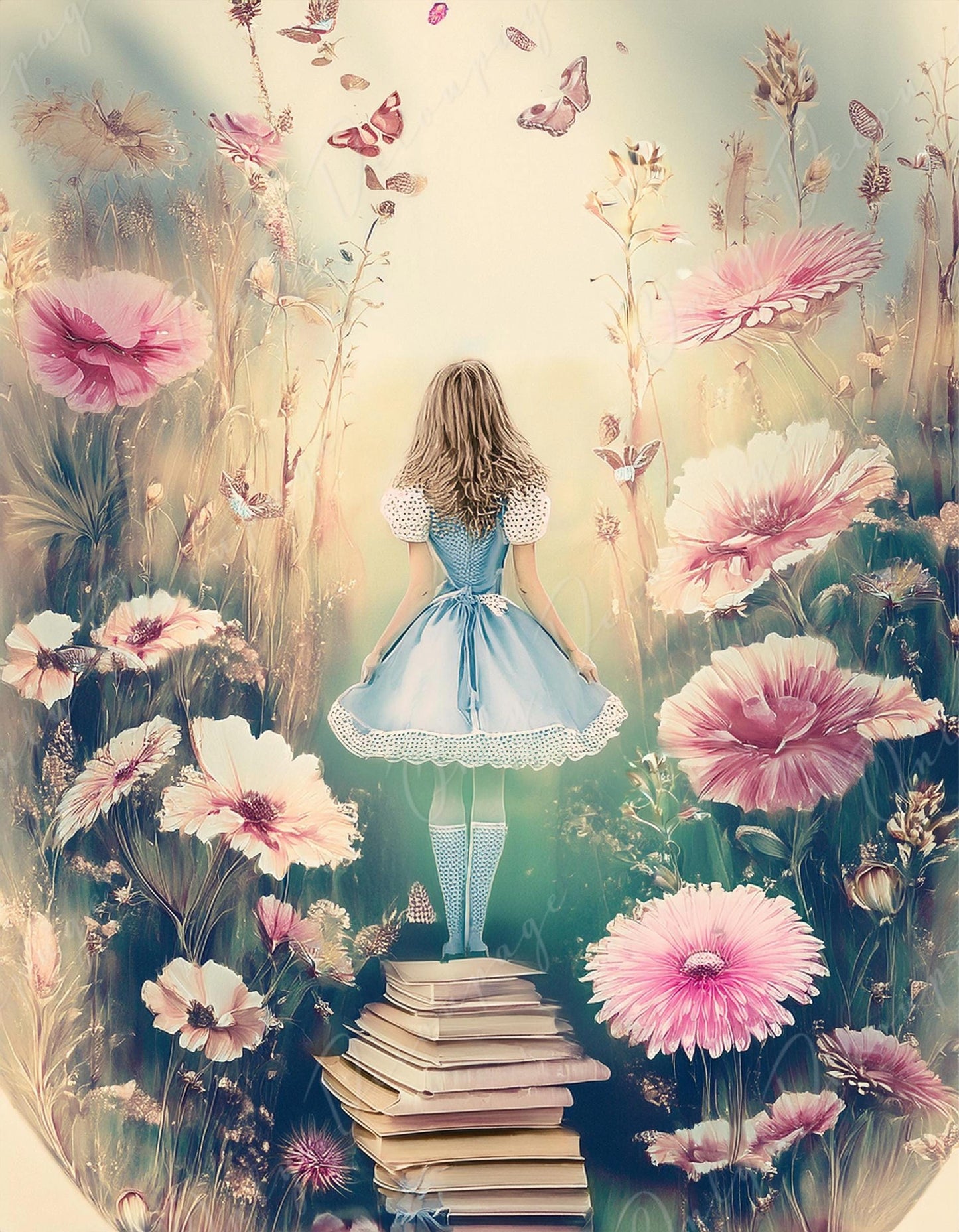Fairytale Alice - Large Decoupage Paper - 6 Size Options - Pink Flowers - Books