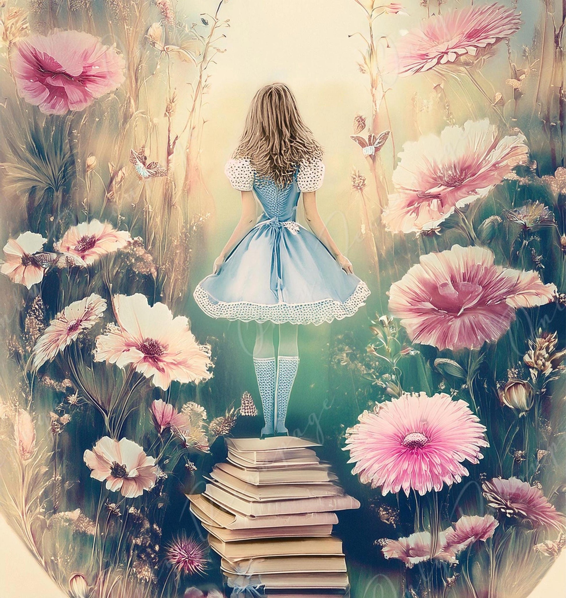 Fairytale Alice - Large Decoupage Paper - 6 Size Options - Pink Flowers - Books