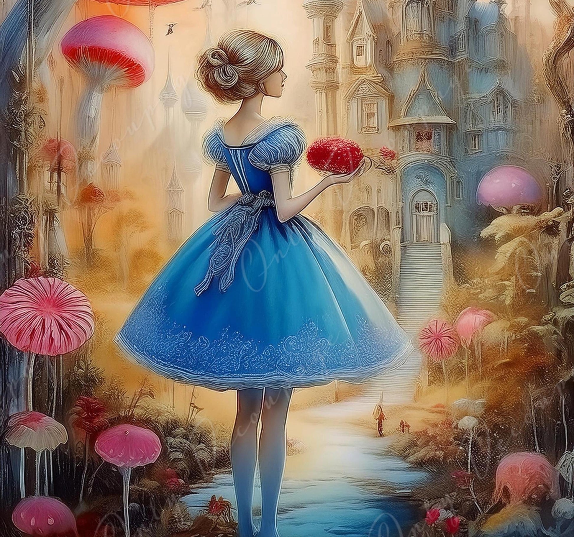 Fairytale Alice - Large Decoupage Paper - 6 Size Options - Red Gaint Mushroom - Castle