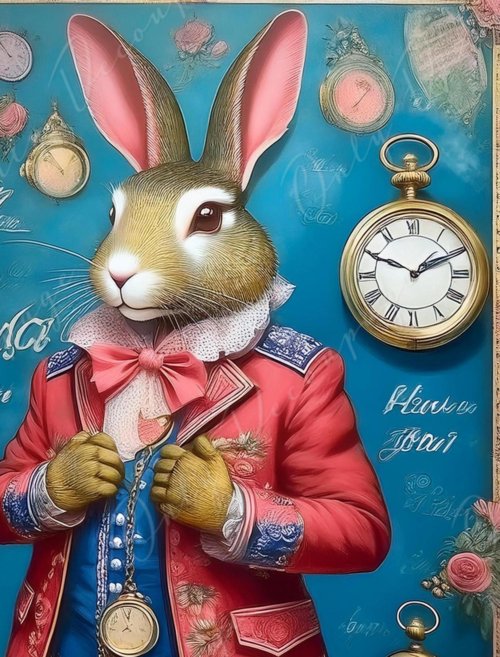 Fairytale Alice - Large Decoupage Paper - 6 Size Options - Rabbit with Red Dress - Time