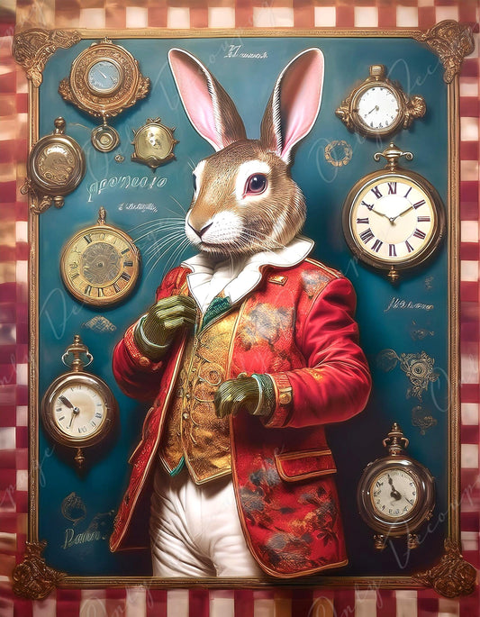 Fairytale Alice - Large Decoupage Paper - 6 Size Options - Rabbit with Red Dress - Time