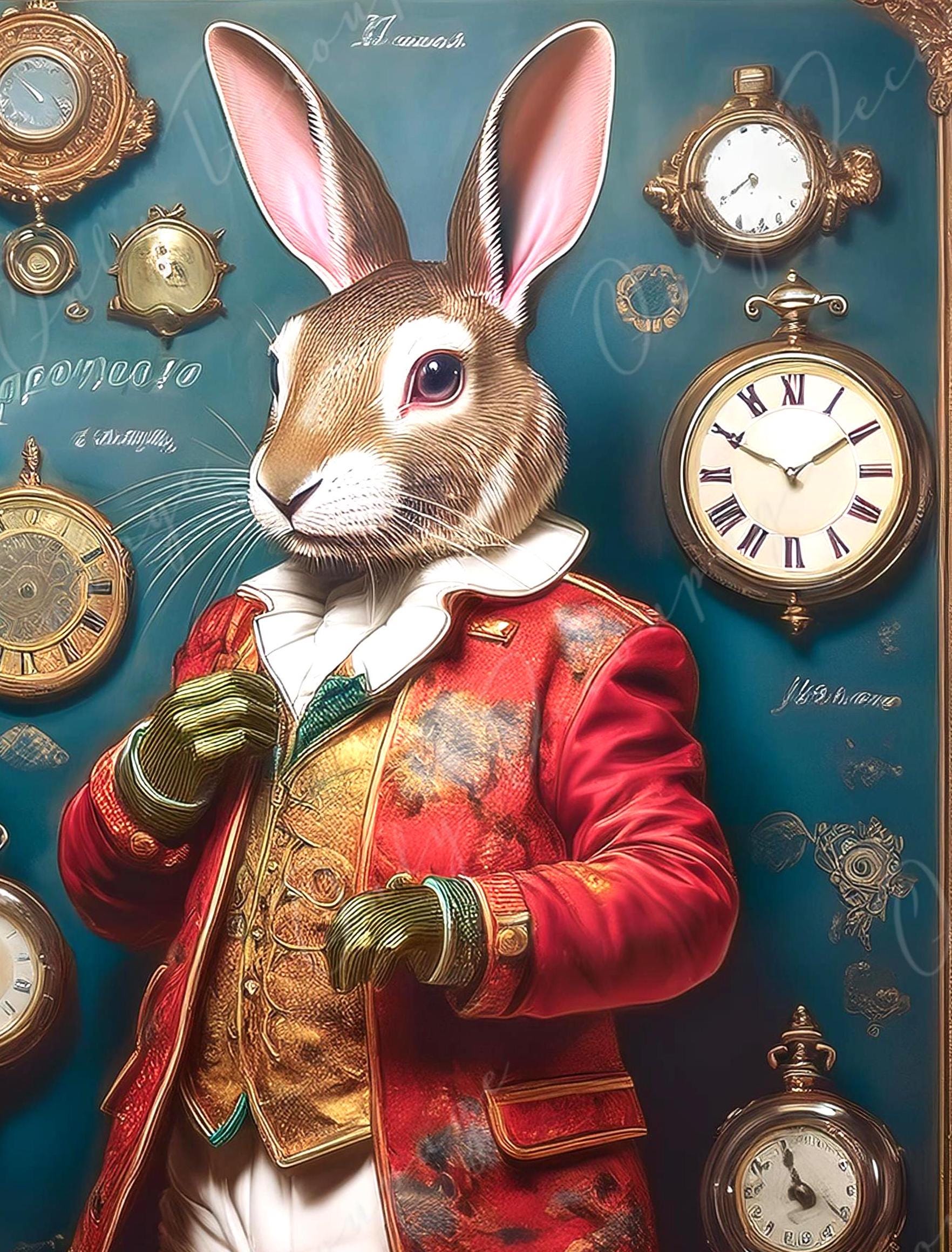 Fairytale Alice - Large Decoupage Paper - 6 Size Options - Rabbit with Red Dress - Time