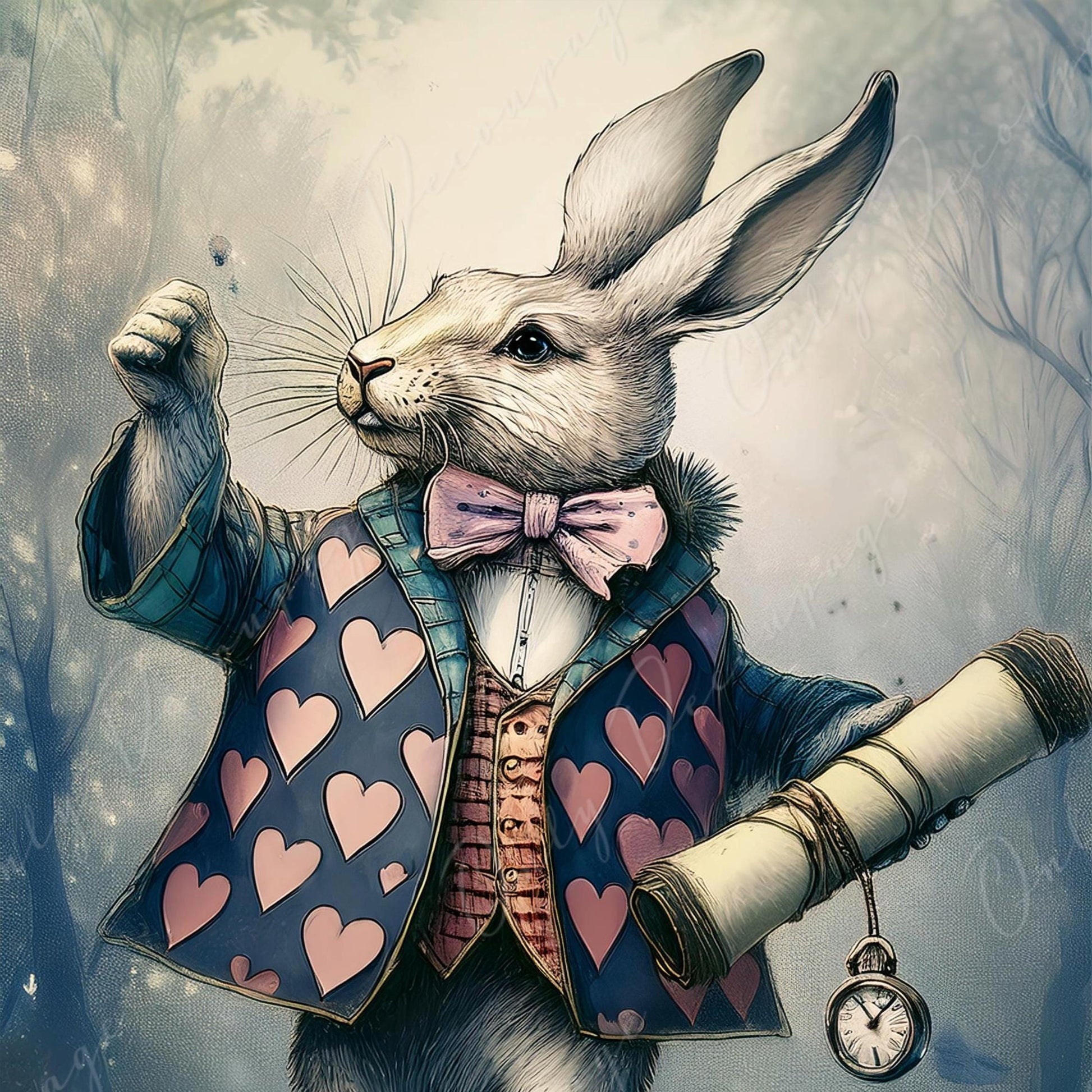 Fairytale Alice - Large Decoupage Paper - 6 Size Options - Rabbit with Heart Jacket - Time