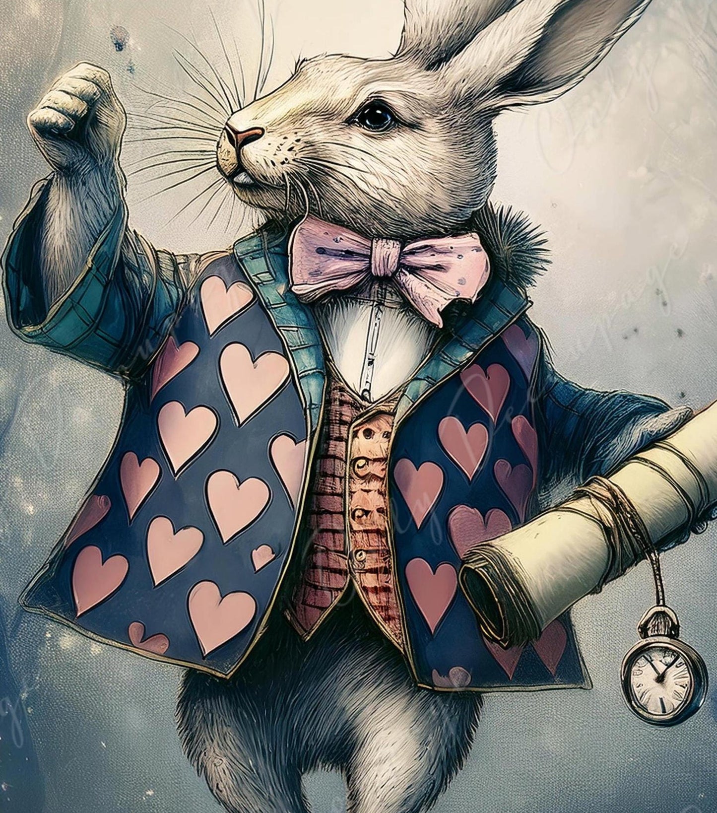 Fairytale Alice - Large Decoupage Paper - 6 Size Options - Rabbit with Heart Jacket - Time