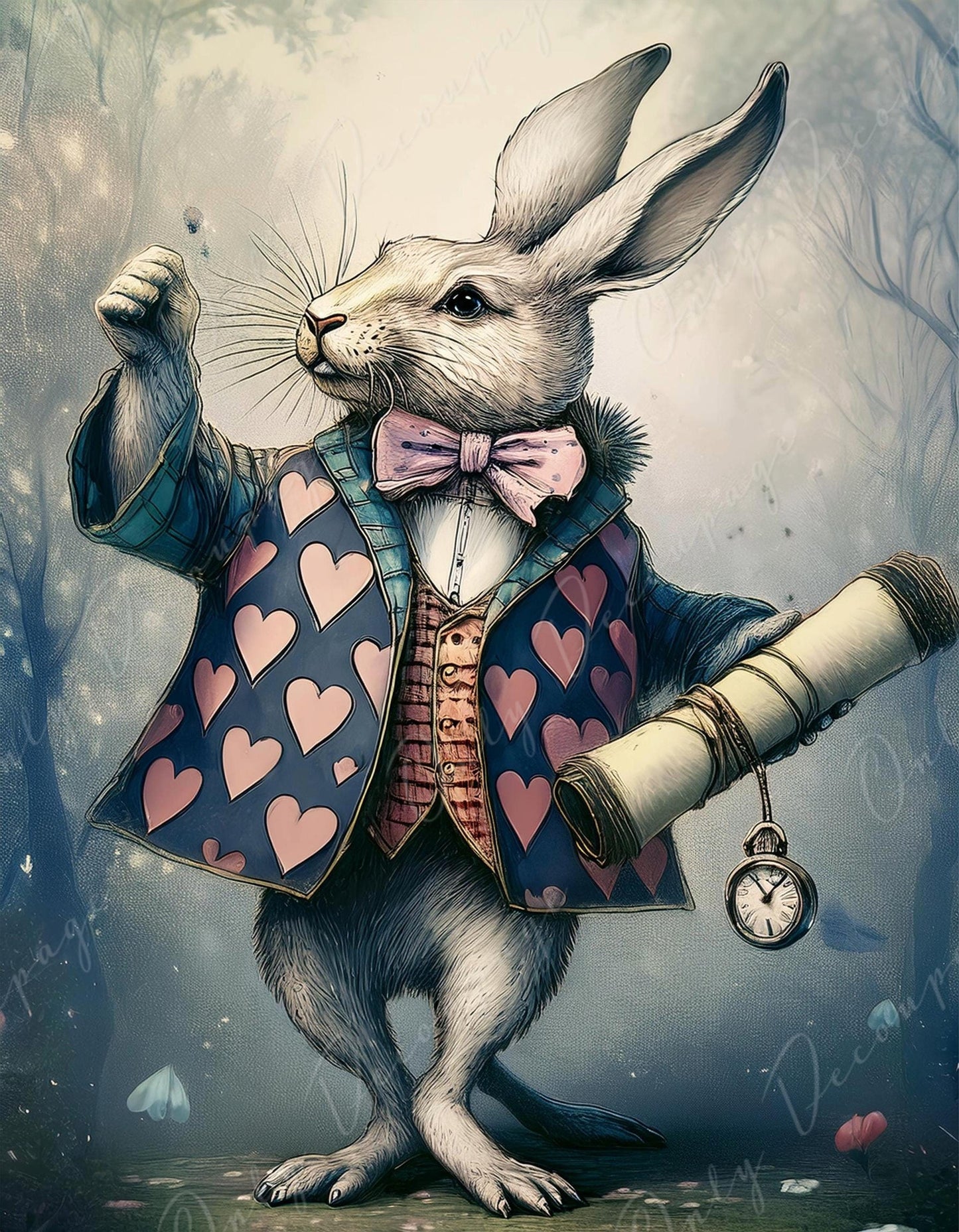 Fairytale Alice - Large Decoupage Paper - 6 Size Options - Rabbit with Heart Jacket - Time