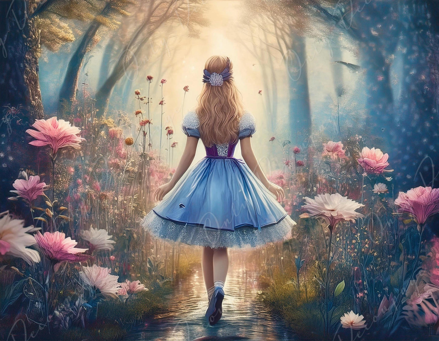 Fairytale Alice - 6 Size Options - Large Decoupage Paper - Pathway with Pink Flowers