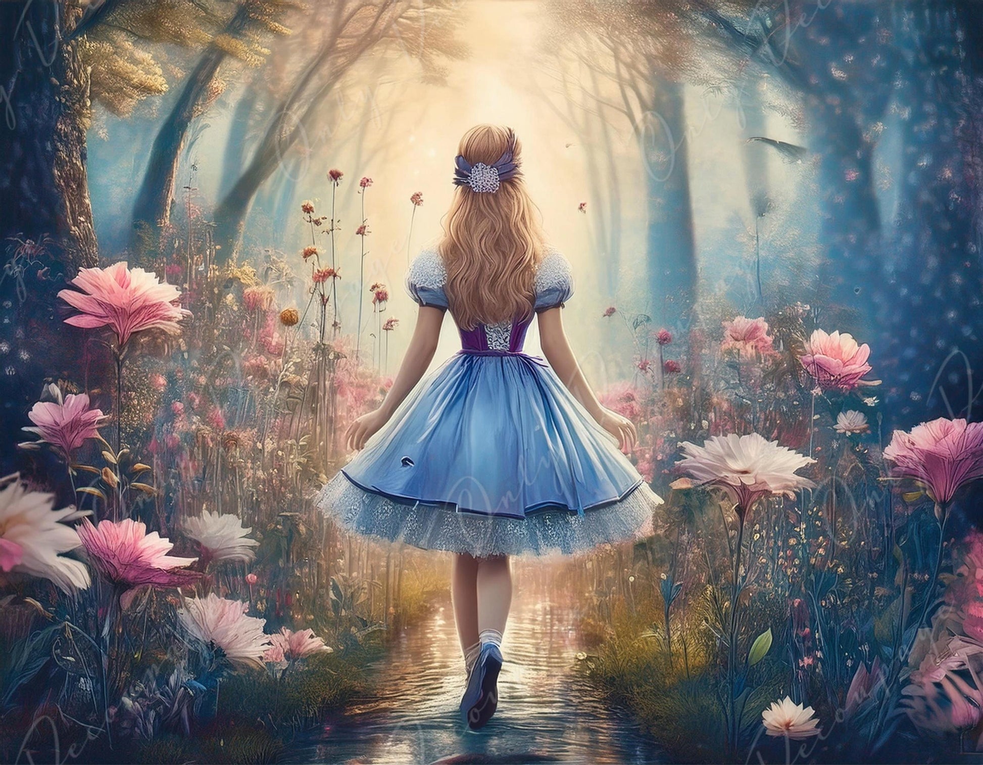 Fairytale Alice - 6 Size Options - Large Decoupage Paper - Pathway with Pink Flowers