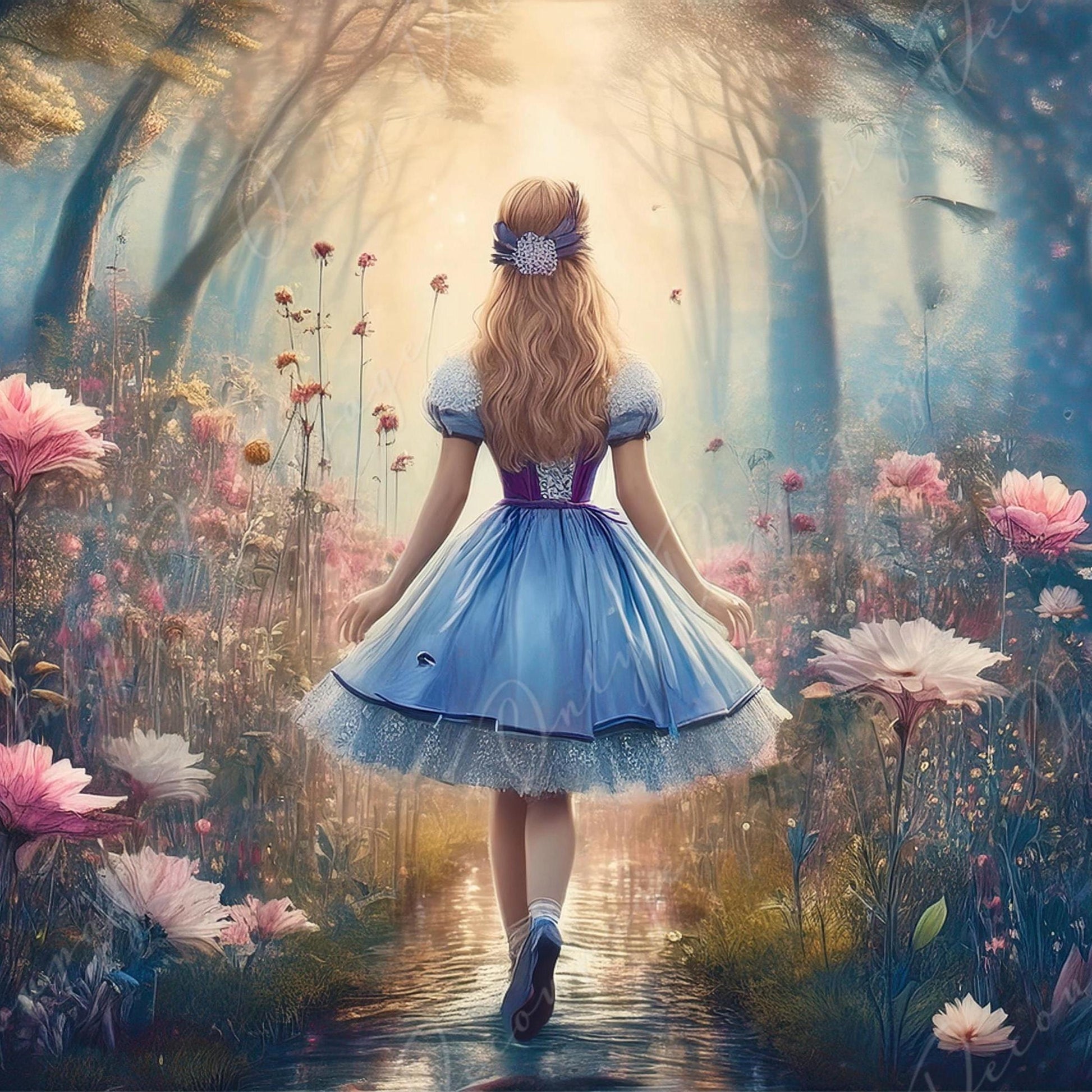 Fairytale Alice - 6 Size Options - Large Decoupage Paper - Pathway with Pink Flowers