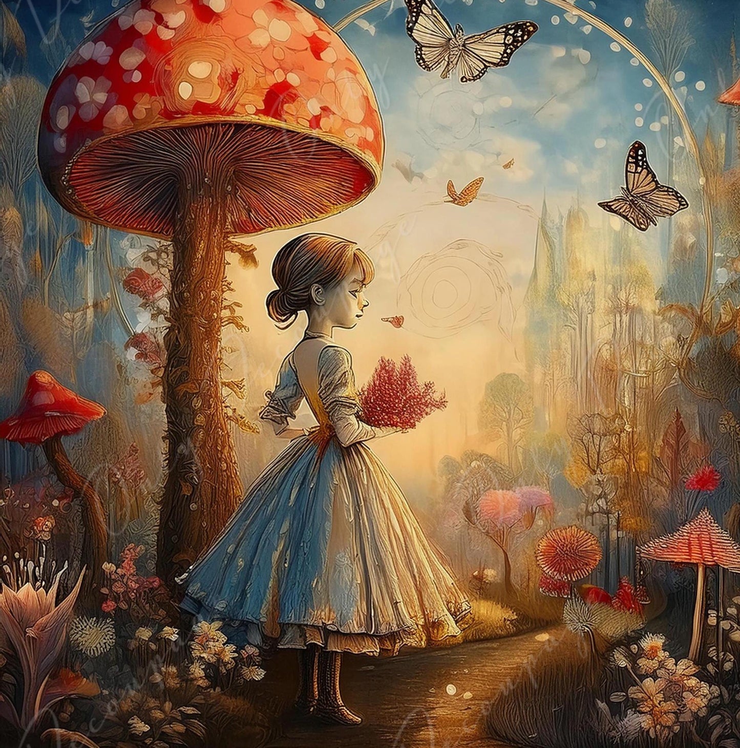 Fairytale Alice - Large Decoupage Paper - 6 Size Options - Red Giant Mushroom - Butterfly