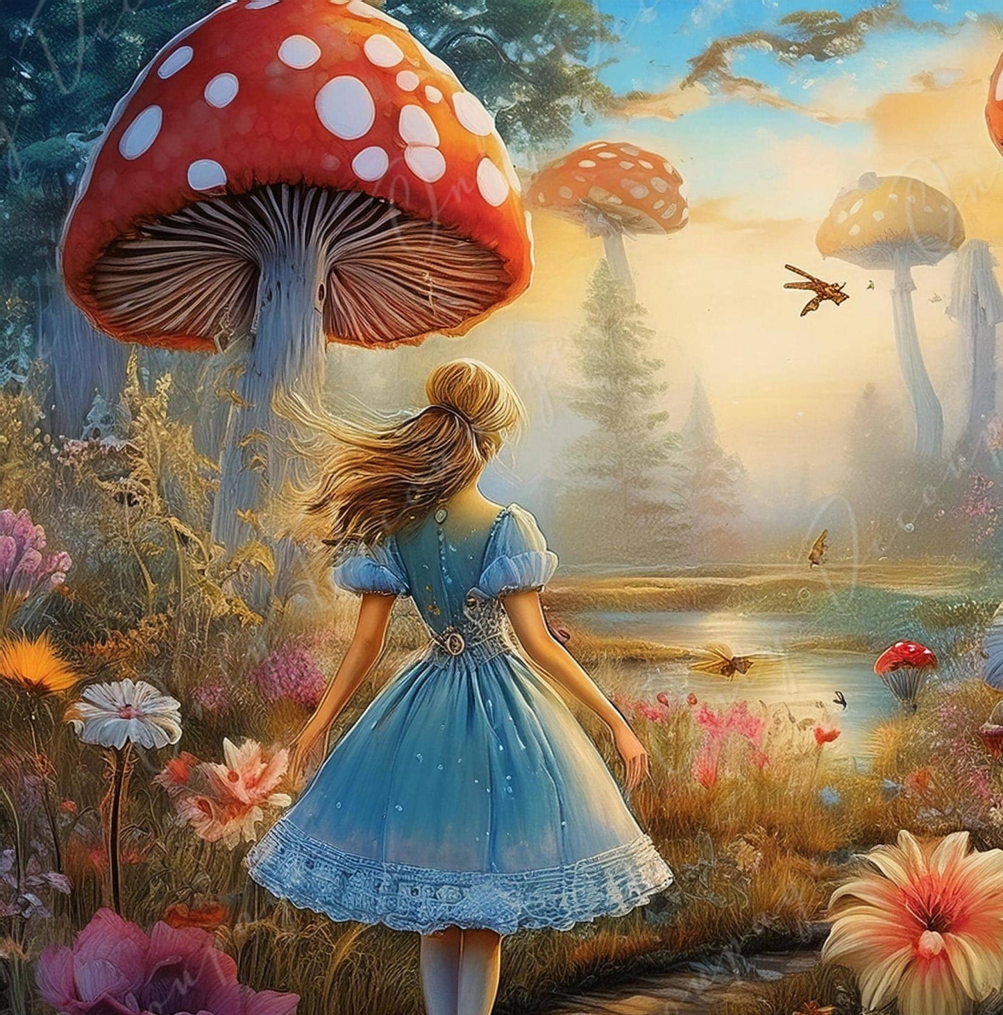 Fairytale Alice - Large Decoupage Paper - 6 Size Options - Giant Mushroom Trees - Lake