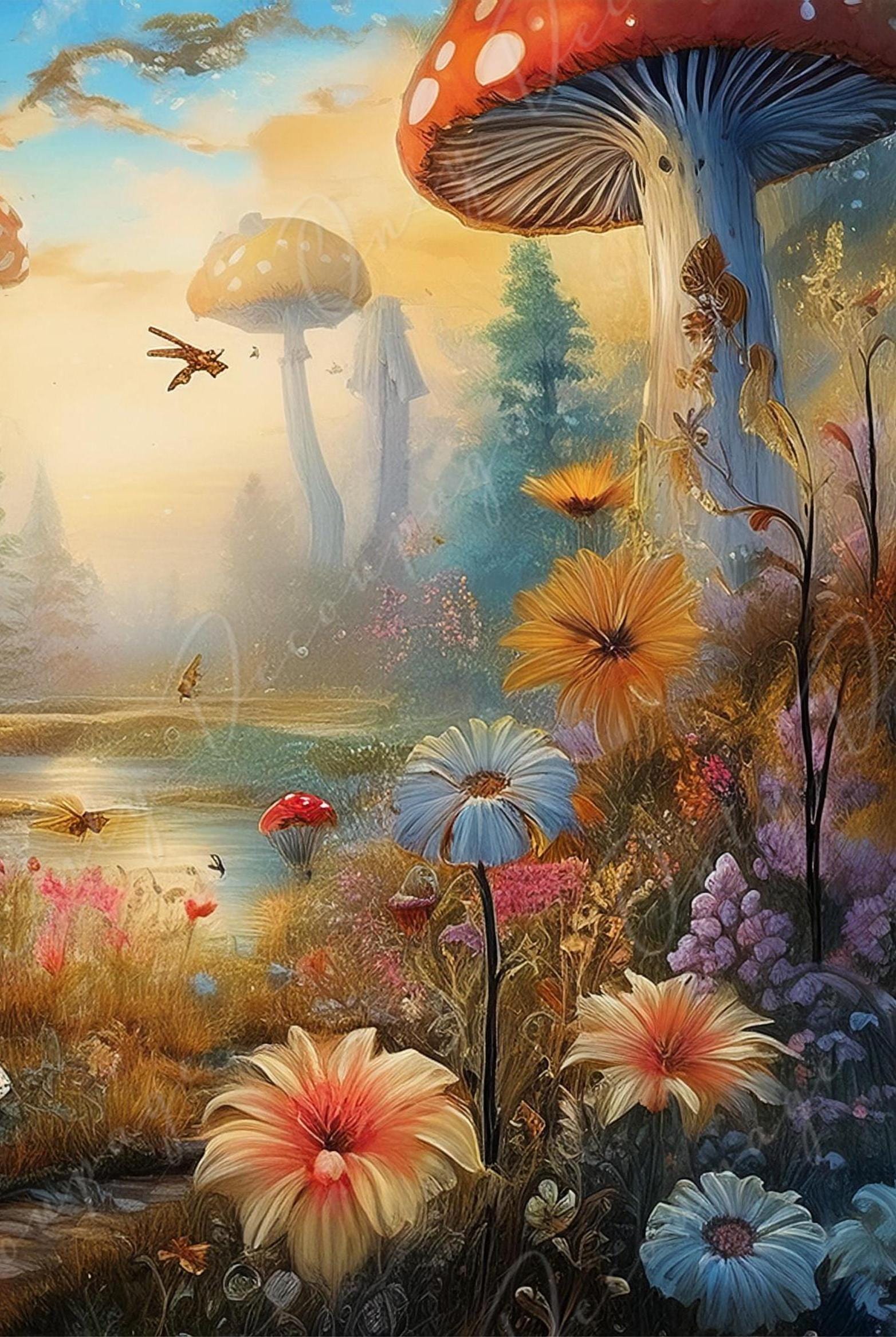 Fairytale Alice - Large Decoupage Paper - 6 Size Options - Giant Mushroom Trees - Lake