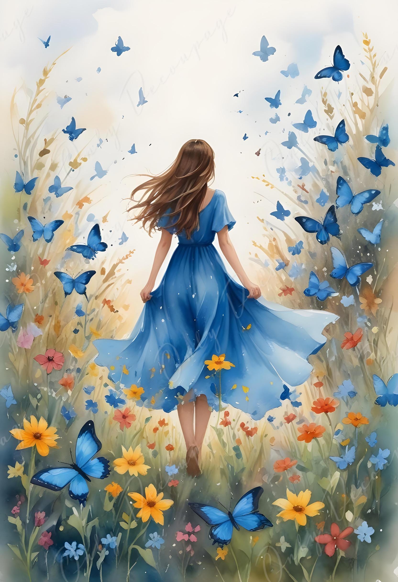 Fairytale - Large Decoupage Paper - 6 Size Options - Blue Dress Alice - Floral