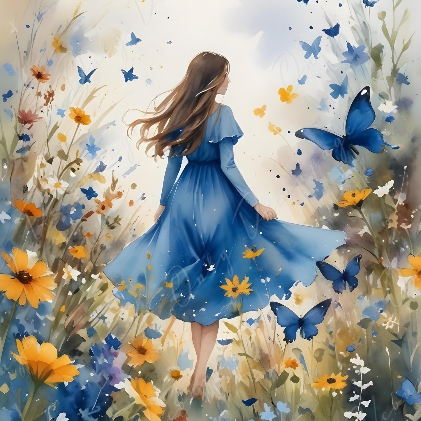 Fairytale - Large Decoupage Paper - 6 Size Options - Watercolor Blue Dress Alice - Butterfly