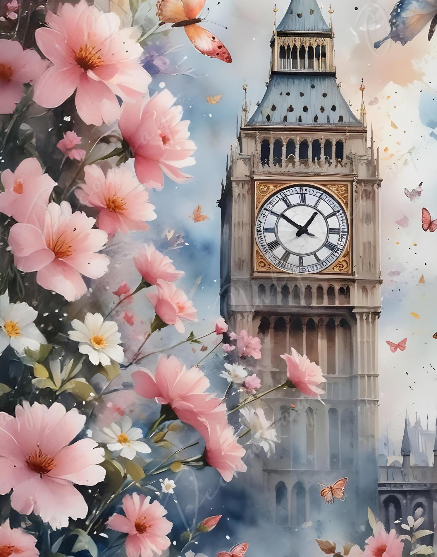 Fairytale Big Ben - Large Decoupage Paper - 6 Size Options - Pink Roses
