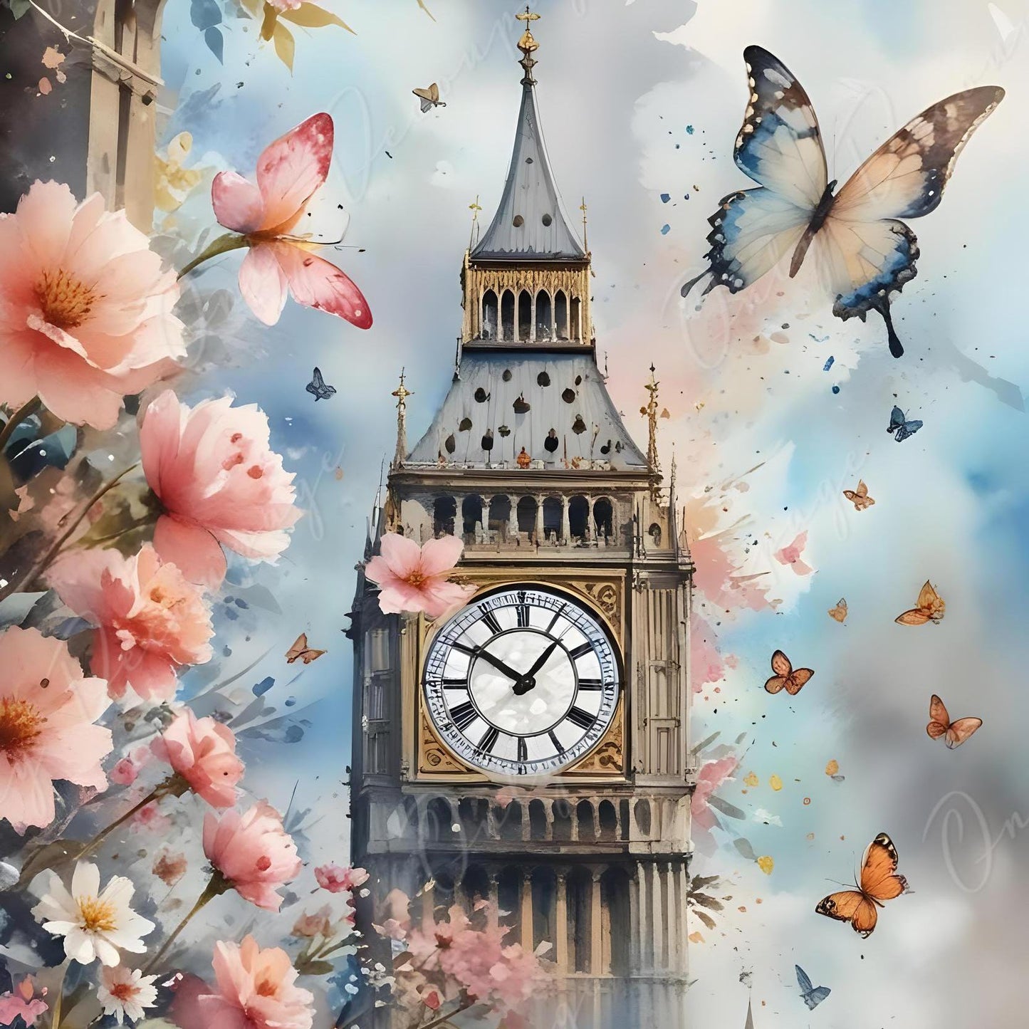 Fairytale Big Ben - Large Decoupage Paper - 6 Size Options - Pink Roses
