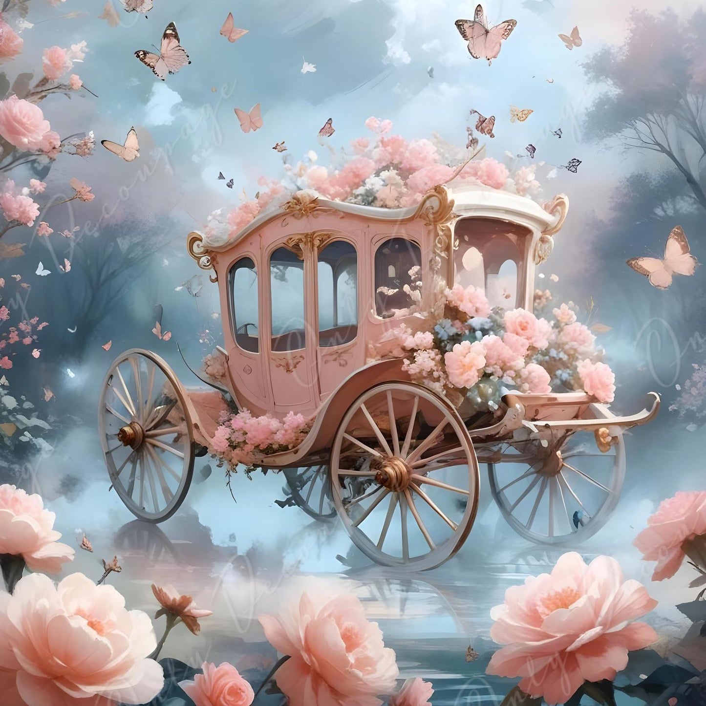 Fairytale Coach - Large Decoupage Paper - 6 Size Options - Pink Roses - Shabby Chic