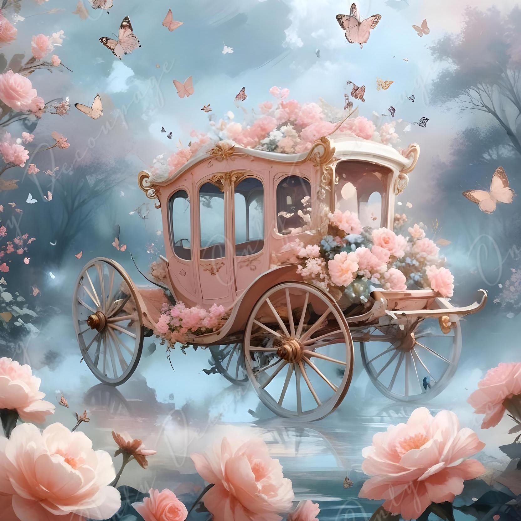 Fairytale Coach - Large Decoupage Paper - 6 Size Options - Pink Roses - Shabby Chic