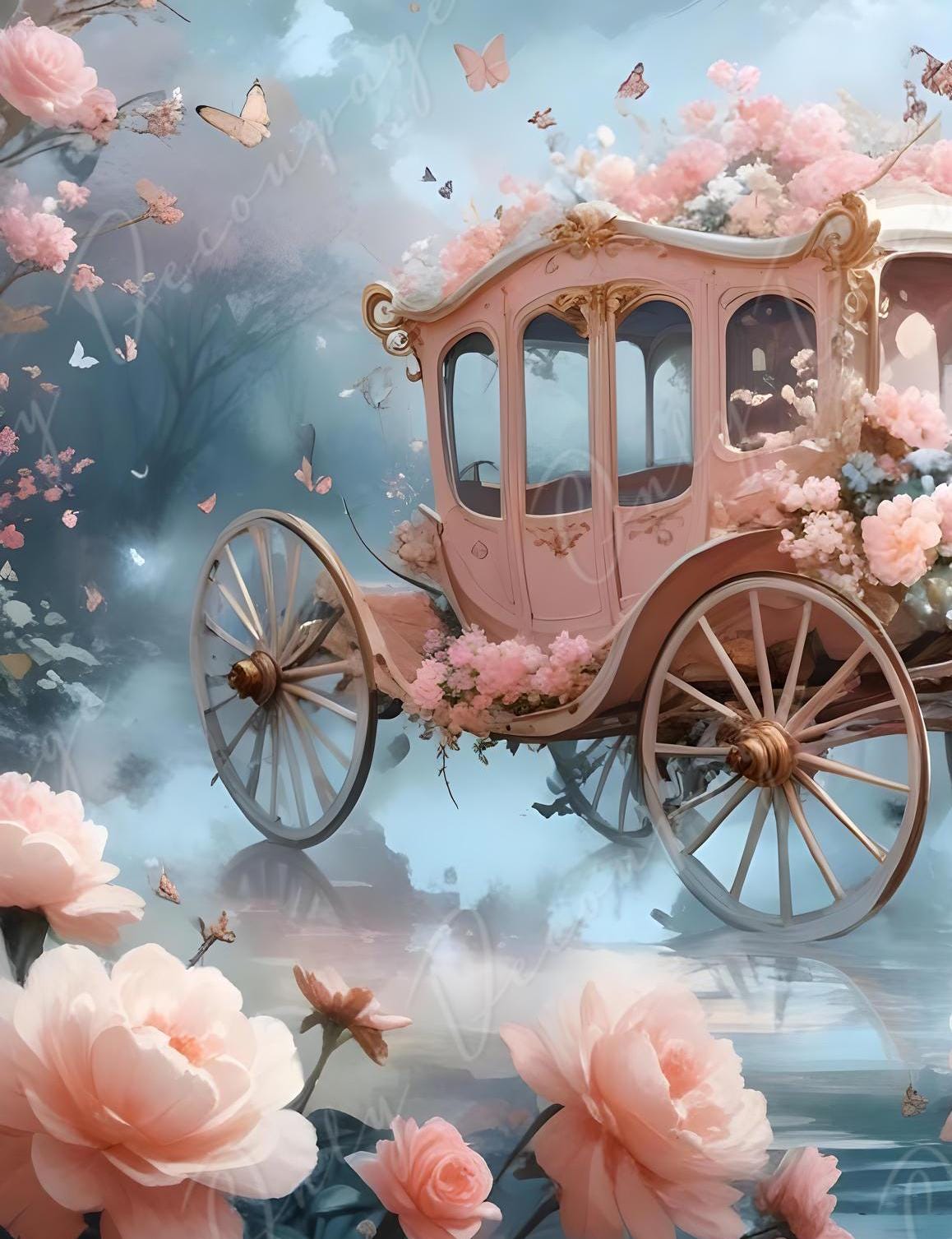 Fairytale Coach - Large Decoupage Paper - 6 Size Options - Pink Roses - Shabby Chic
